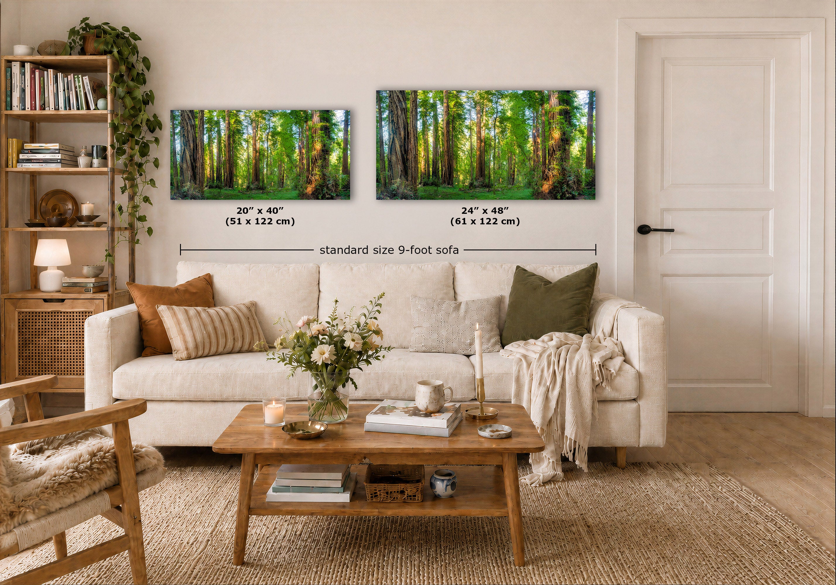 Two framed forest art prints displayed on a white wall above a cream sofa in a styled living room. Black dimension lines and text indicate the prints are 20" x 40" and 24" x 48" standard size 9-foot sofas.
