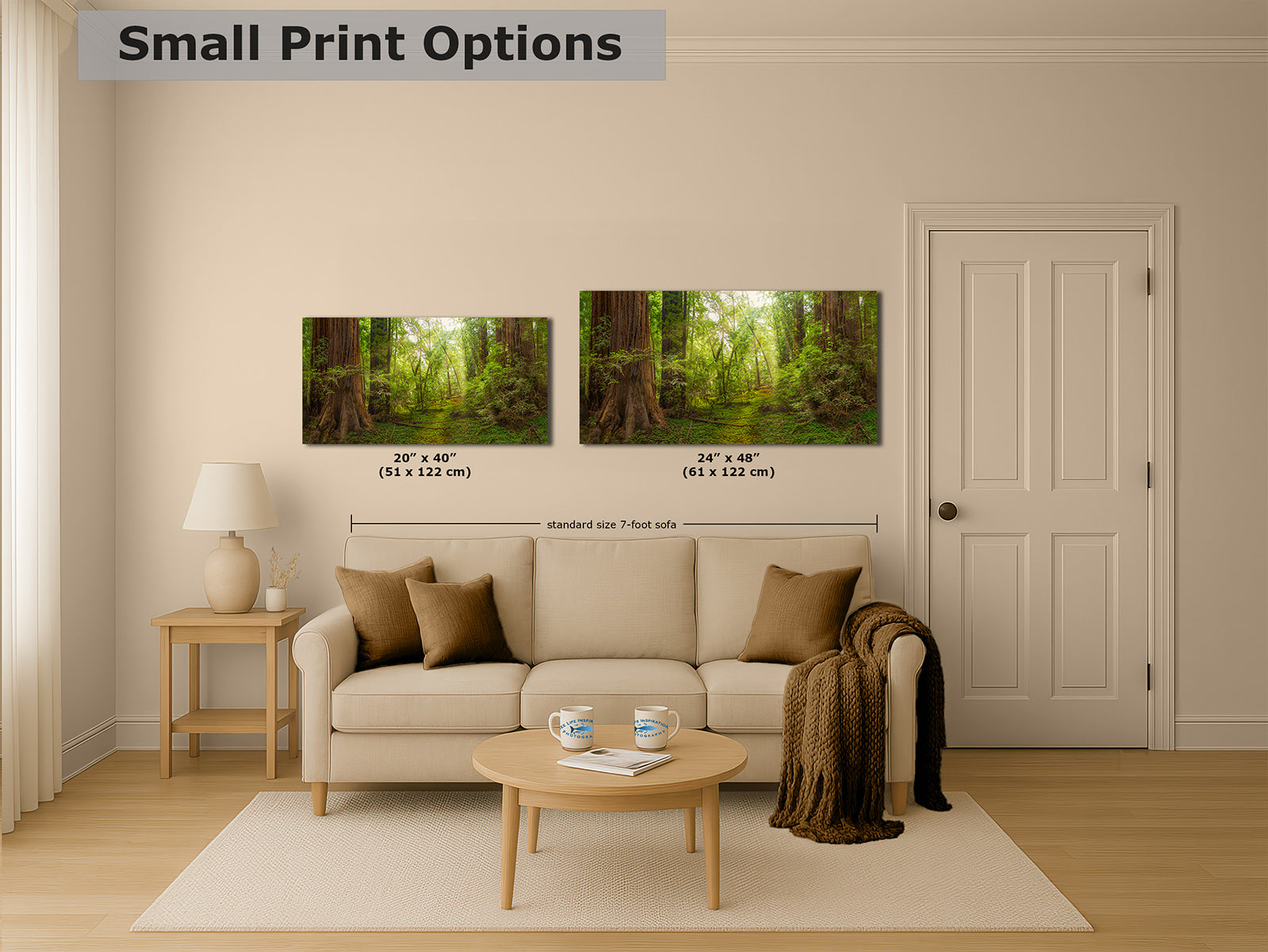 A staged living room showing two framed Redwood forest wall art prints above a sofa, with overlaid text reading 'Small Print Options' and size labels for the prints.