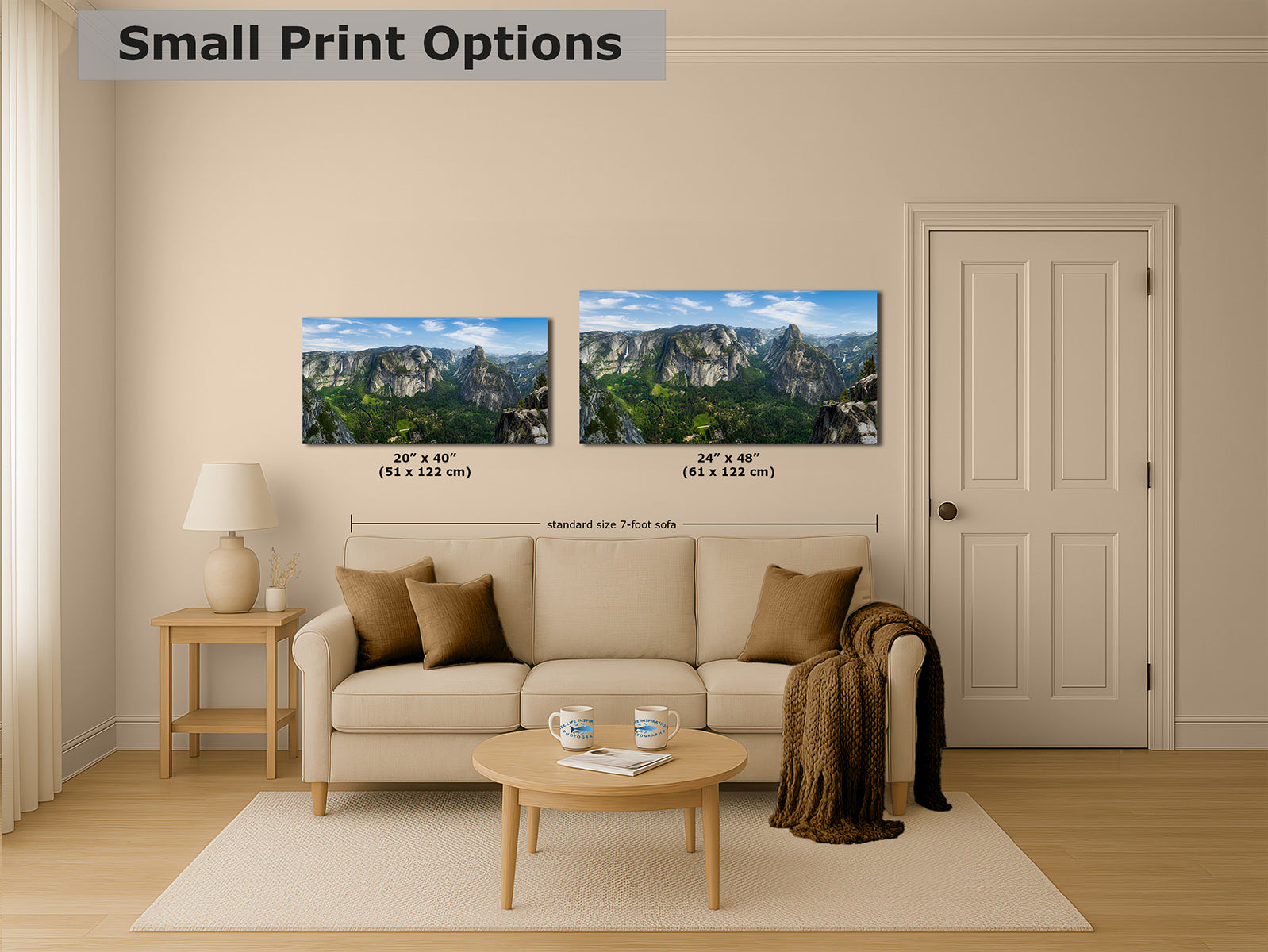 A staged living room showing two landscape prints of Yosemite Valley as seen from Glacier Point, shown above a sofa, with overlaid text reading 'Small Print Options' and size labels for the prints. The room includes a beige sofa, side table, lamp, coffee table, rug, door, and wood floor.