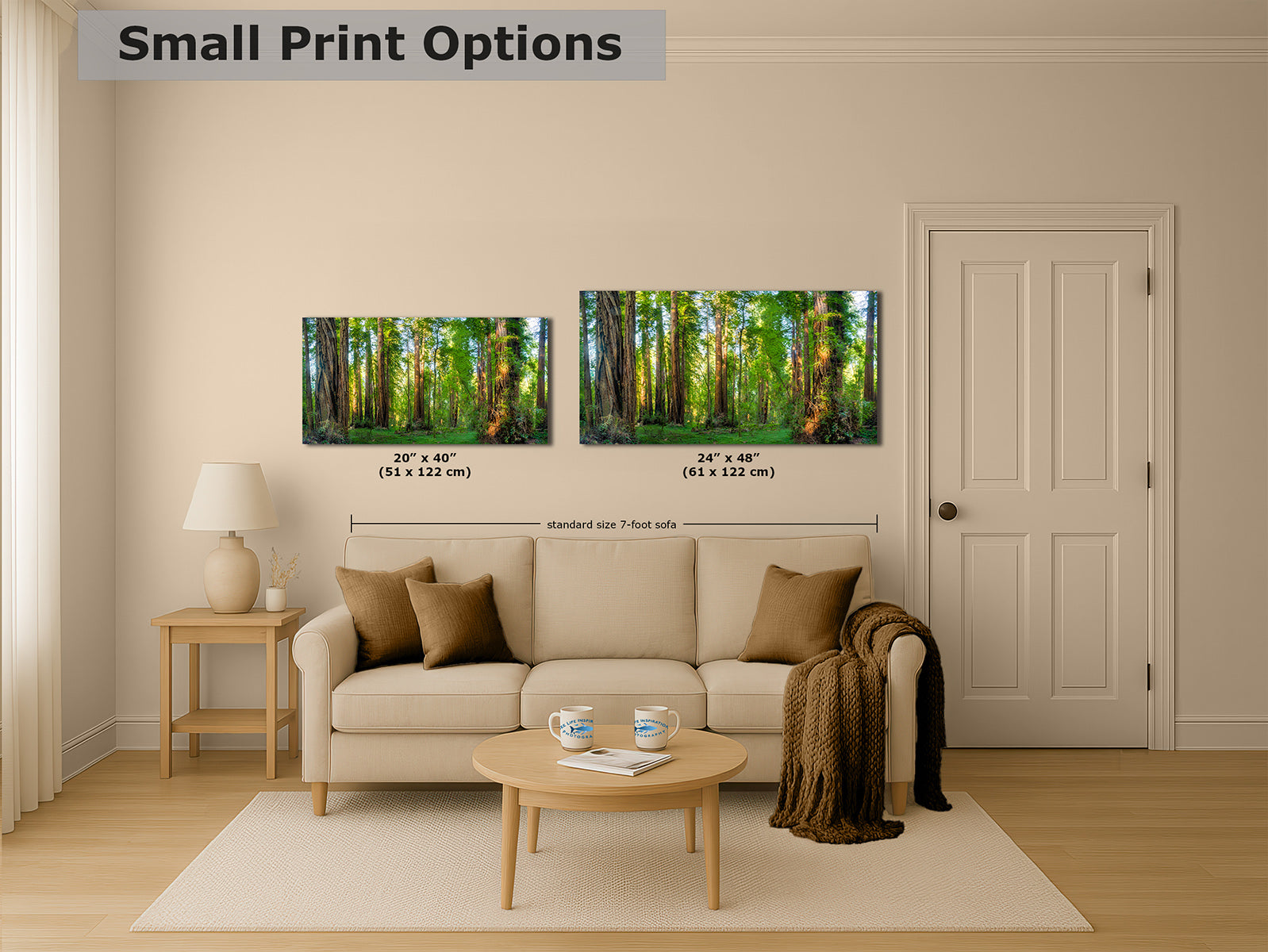 A staged living room showing two California Redwood forest art prints above a beige sofa, with overlaid text reading 'Small Print Options' and size labels for the prints. Because a real interior environment is present, this is Lifestyle rather than Product/Packaging or Measurement Chart.