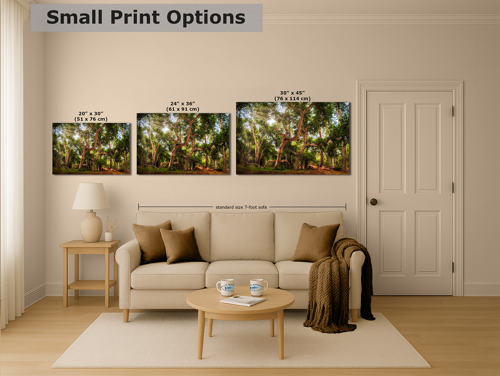 Three coast live oak forest landscape prints displayed above a beige sofa in a styled living room, with text labels indicating print sizes: 20 x 30, 24 x 36, and 30 x 45. The image is labeled 'Small Print Options' at the top.