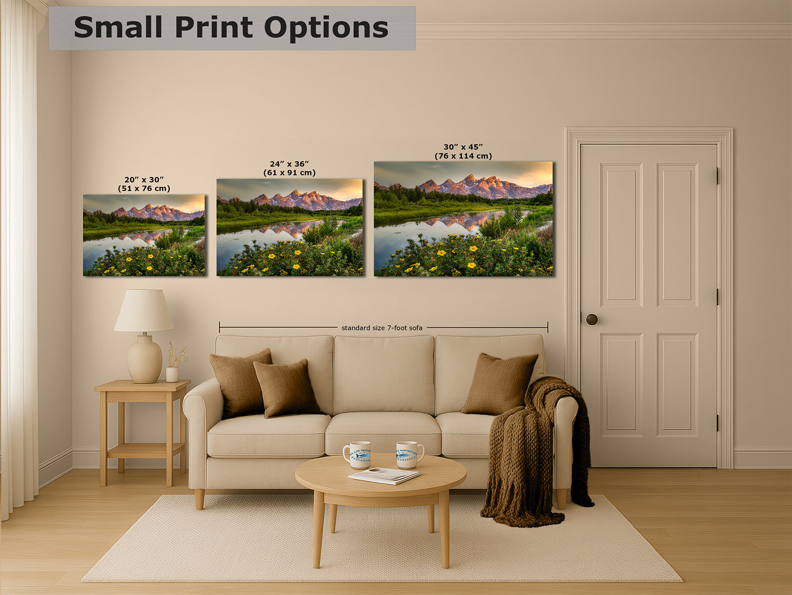 A staged living room showing three framed landscape wall art prints of the Grand Teton mountains above a sofa, with text reading 'Small Print Options' and size labels for each print. The scene includes a beige sofa, side table, lamp, coffee table, rug, door, and wood floor.