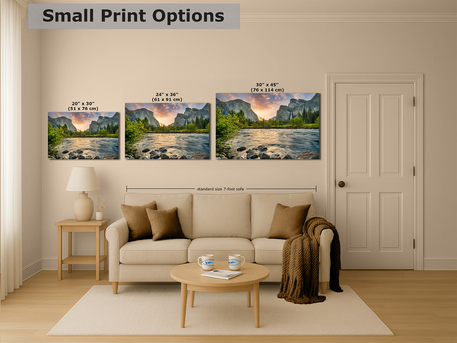 A staged living room showing three framed mountain wall art decor prints of Valley View in Yosemite above a sofa, with overlaid text labels for print sizes.