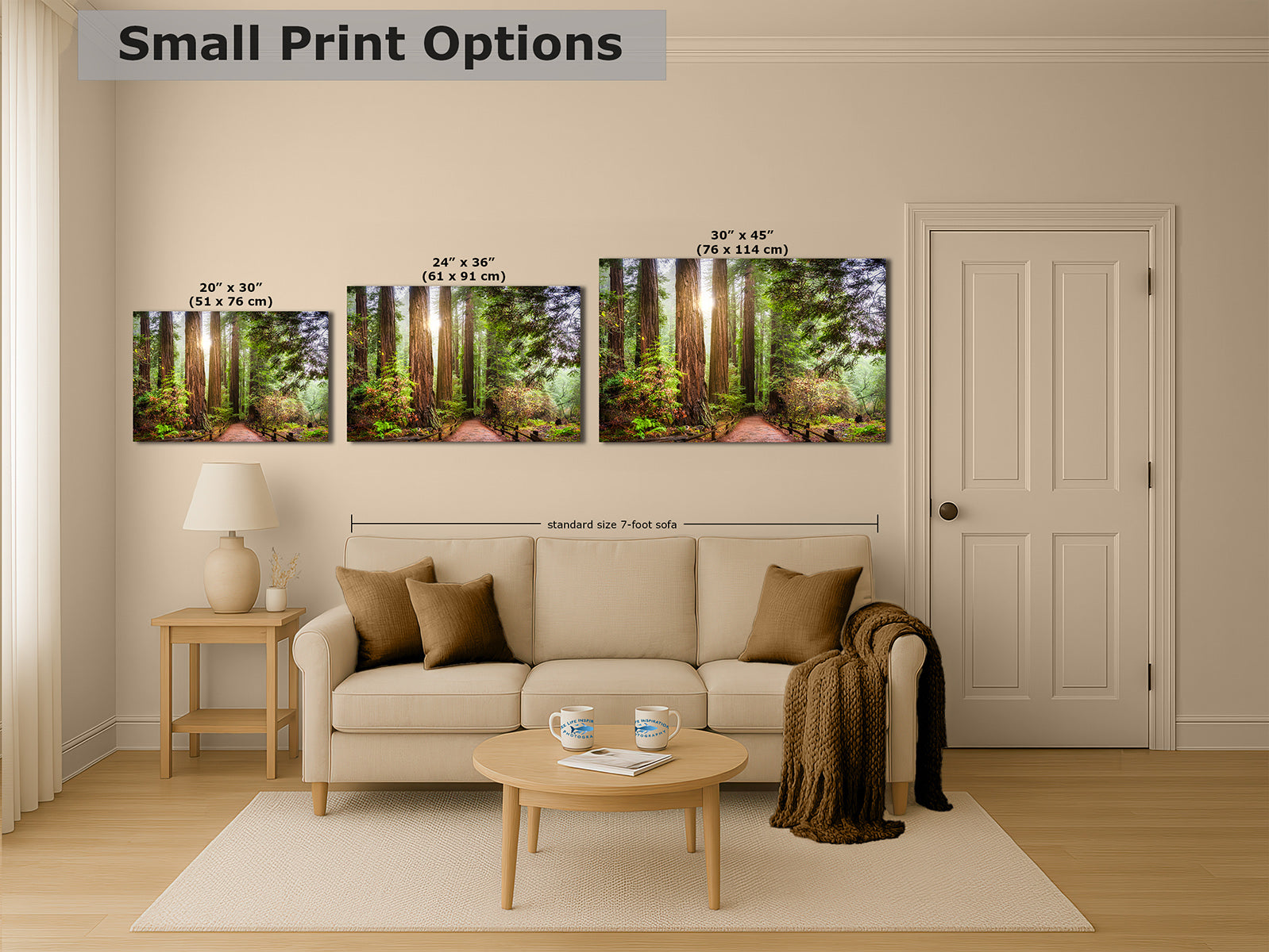 A staged living room showing three California Redwood forest wall art prints above a sofa, with overlaid text labels for print sizes.