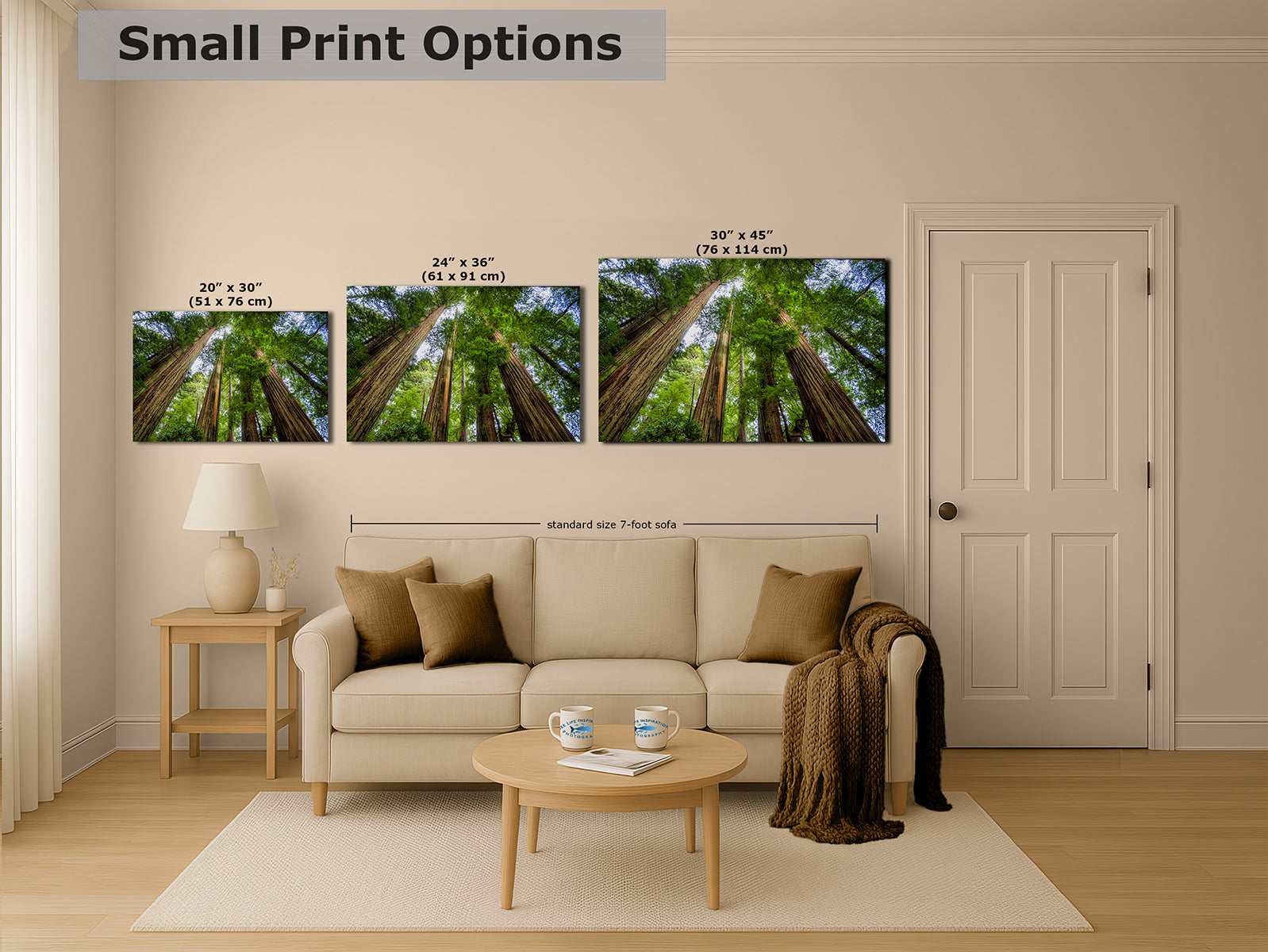 A staged living room showing three framed wall art prints of a California Redwood forest above a sofa, with text labels indicating print sizes: 20 x 20 in, 24 x 30 in, and 30 x 40 in. The room includes a beige sofa, side table, lamp, coffee table, rug, and a white door.