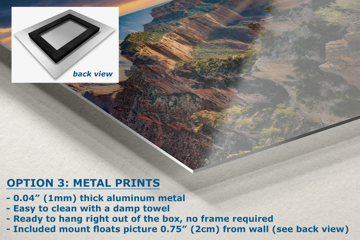 a picture of a mountain range with the text option 3 metal prints