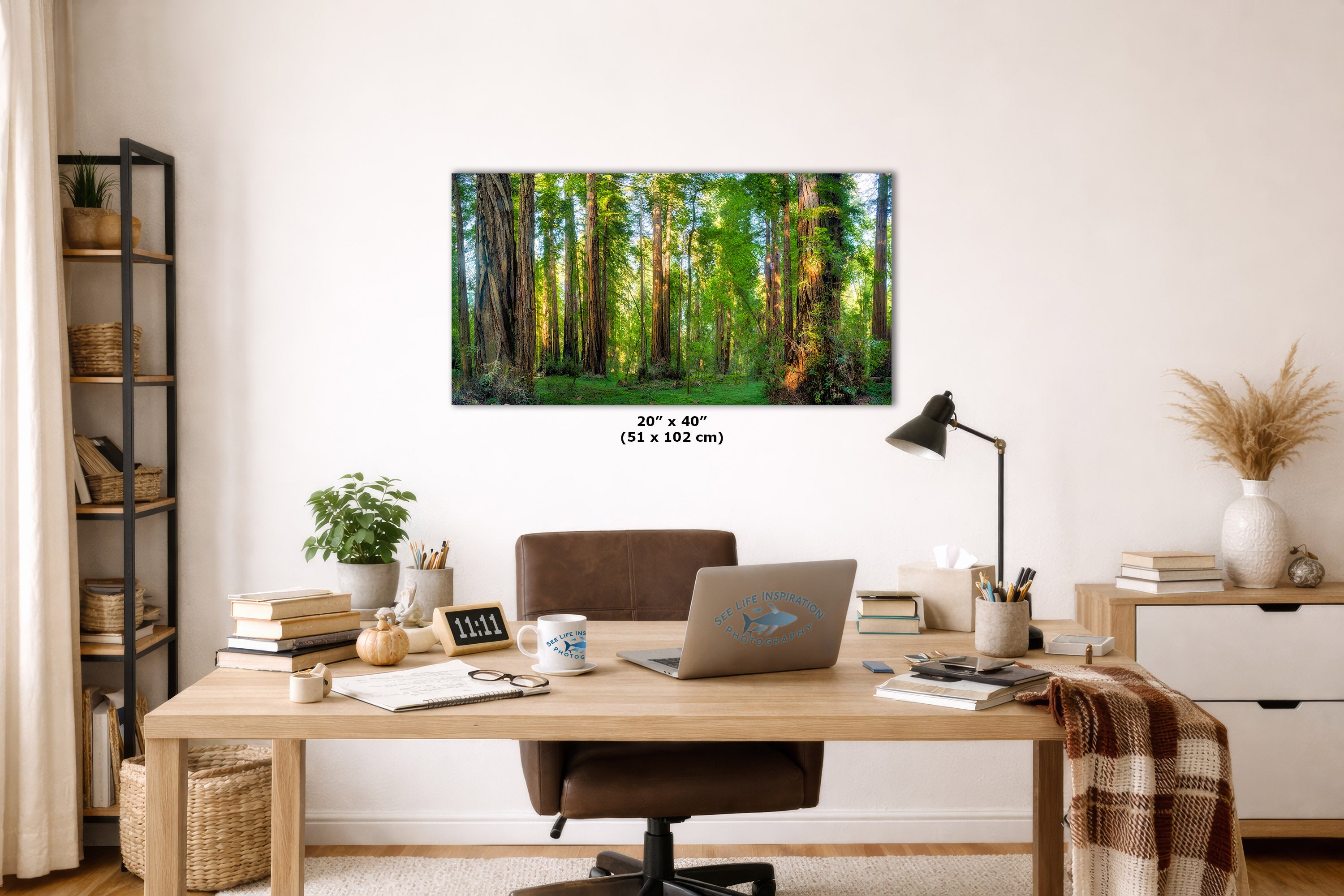 A sunlit redwood grove artwork hangs above a wooden desk in a styled home office. The print shows a lush green woodland scene with tall trees and sunlight filtering through the canopy.