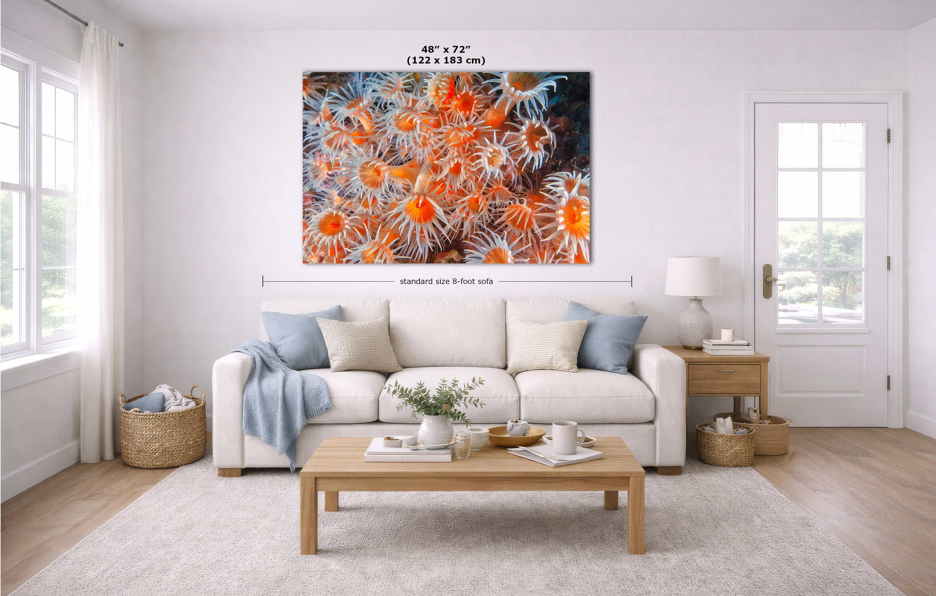 A large wall art print showing a close-up floral or coral-like pattern in orange, white, and dark tones, displayed above a white sofa in a bright living room. Measurement labels and a small size callout are overlaid near the top of the artwork.
