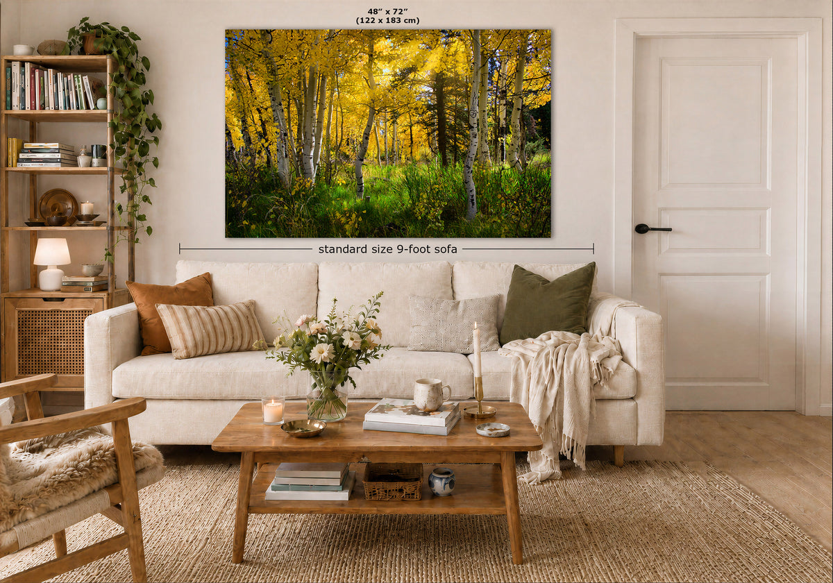 A large wall art print showing a golden autumn forest with white birch trees, displayed above a cream sofa in a styled living room. Measurement labels indicate the print is 48 x 72 inches (122 x 183 cm) and the sofa is standard size 9-foot.