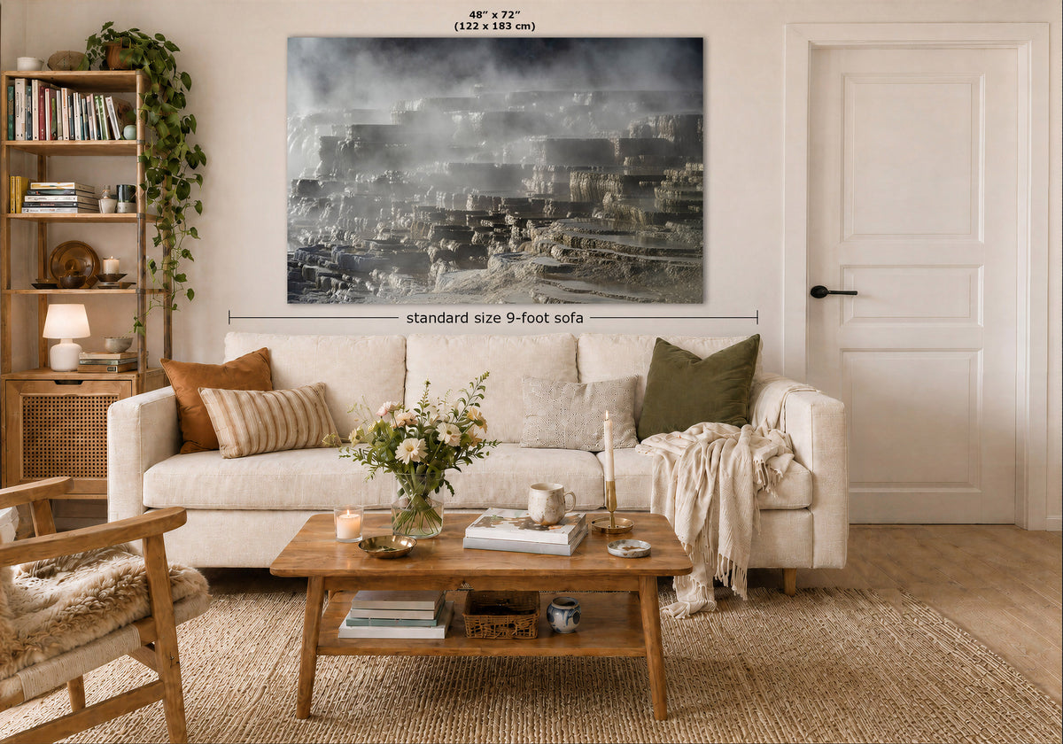 A large wall art print is displayed on a beige wall above a white sofa in a styled living room. The image includes dimension labels indicating the print is 48 x 72 inches (122 x 183 cm) and the sofa is standard size 9-foot.