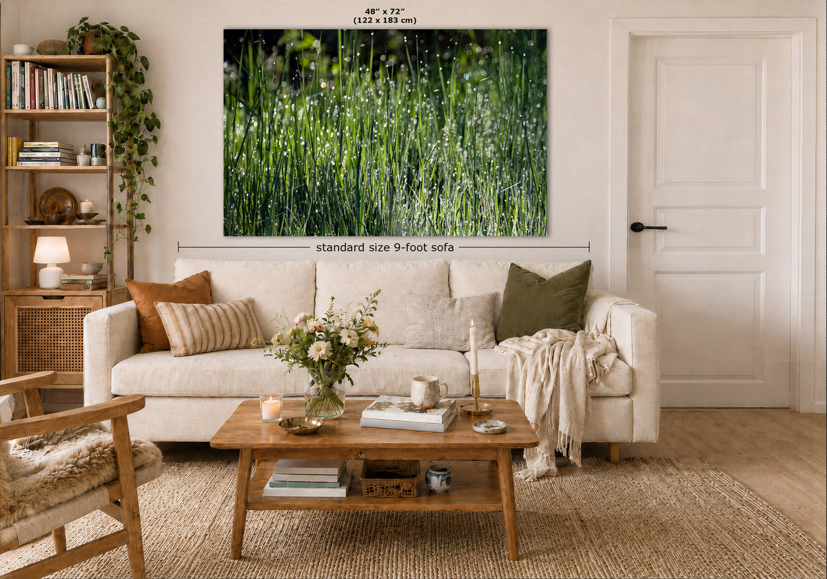 A large rectangular wall art print showing a close-up of green grass or reeds, displayed above a white sofa in a styled living room. Measurement text and arrows indicate the print size as 48 x 72 inches (122 x 183 cm), with a dimension label reading standard size 9-foot sofa.