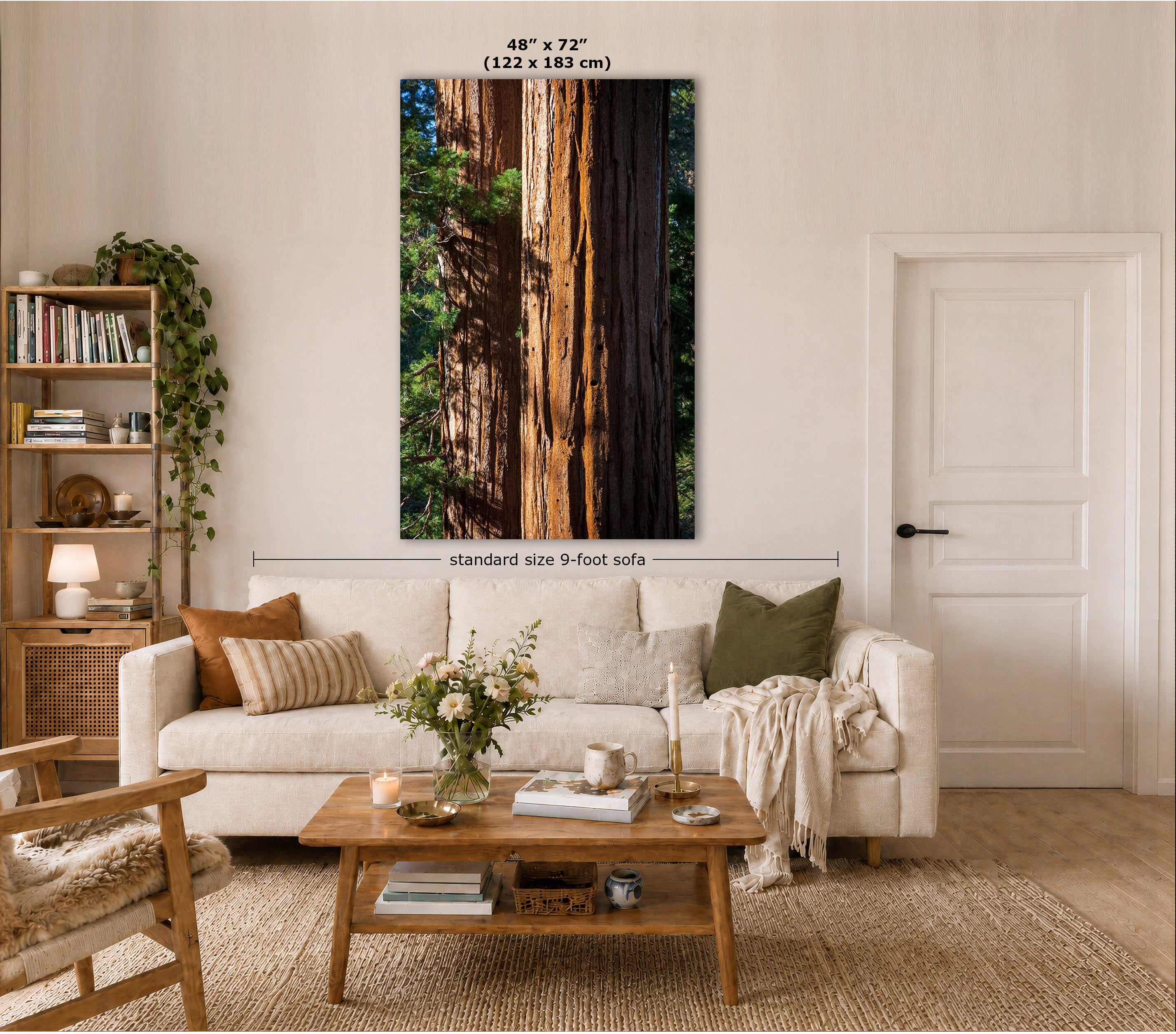 A Sequoia bark wall art print showing a forest of giant redwood trees, displayed in a styled living room mockup above a white sofa with size annotations.