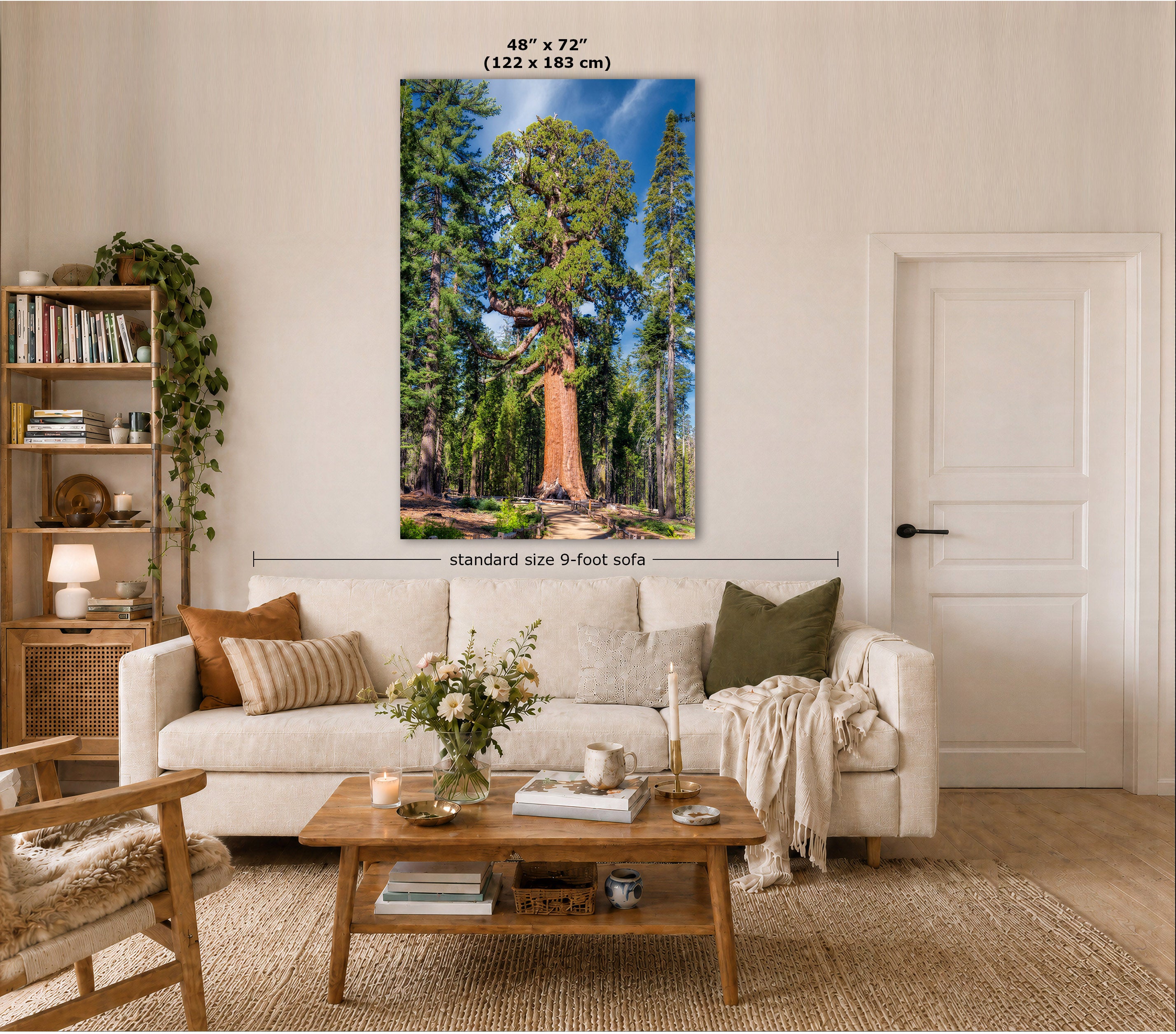 A large vertical canvas print of a giant redwood forest scene is displayed on a beige wall in a styled living room mockup. The image includes dimension text indicating the canvas is 48" x 72" (122 x 183 cm) and a size marker showing a standard 9-foot canvas height.
