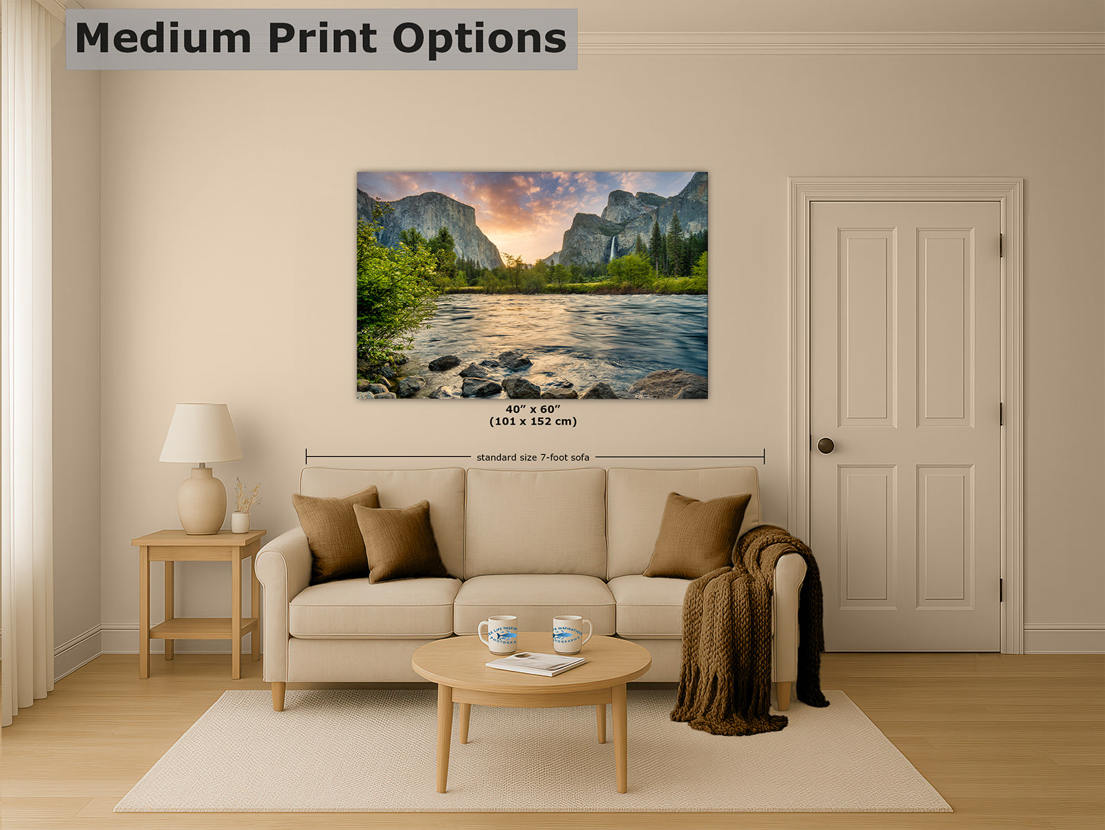 Living room with a large landscape print on the wall, featuring the scene from Yosemite's Valley View, El Capitan mountain, Bridalveil Falls, and Merced River.