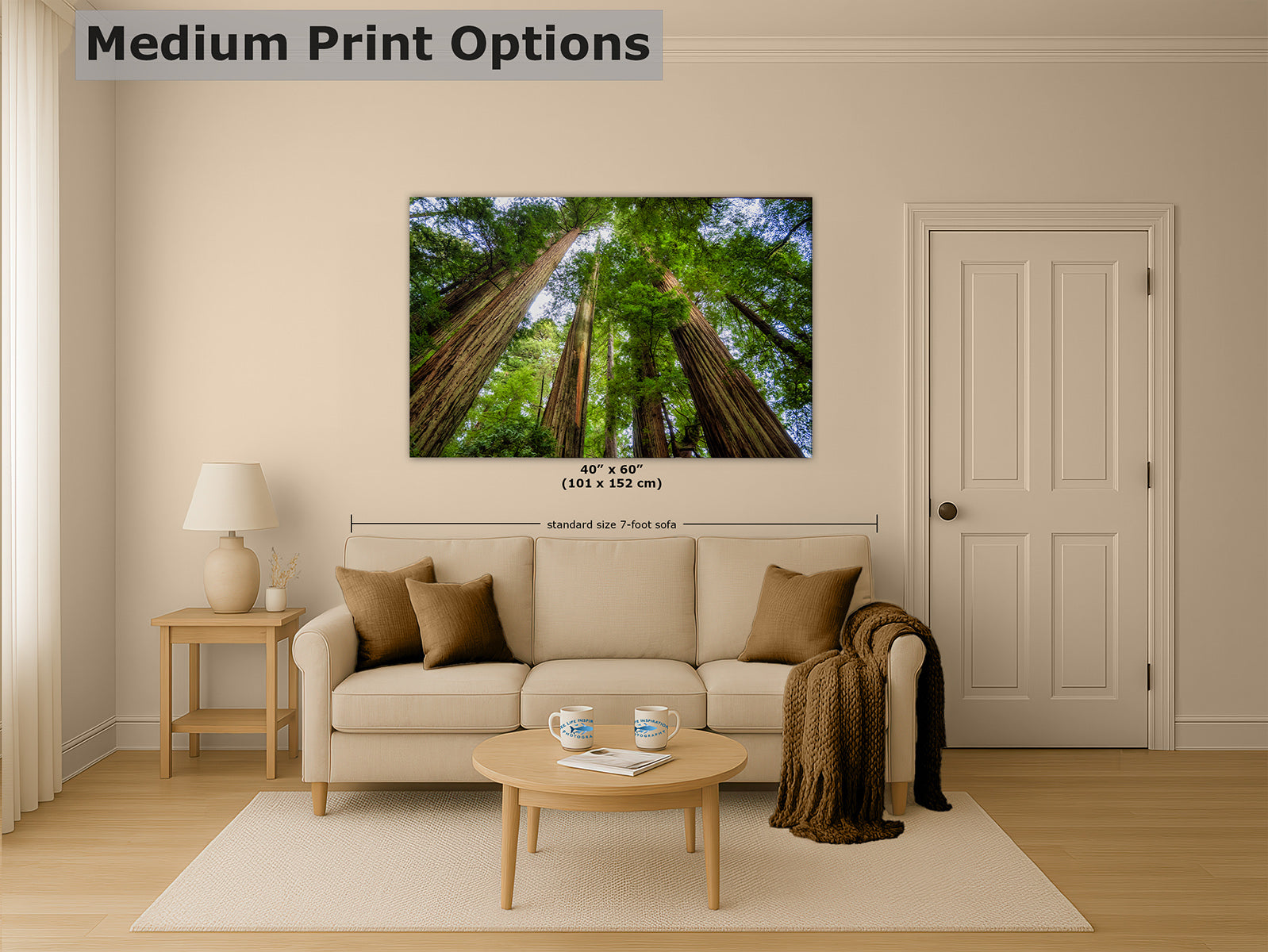 A framed wall art print showing a forest of tall redwood trees, displayed above a beige sofa in a styled living room. The image includes text overlays indicating 'Medium Print Options' and dimensions '48" x 52" (121 x 132 cm)'.