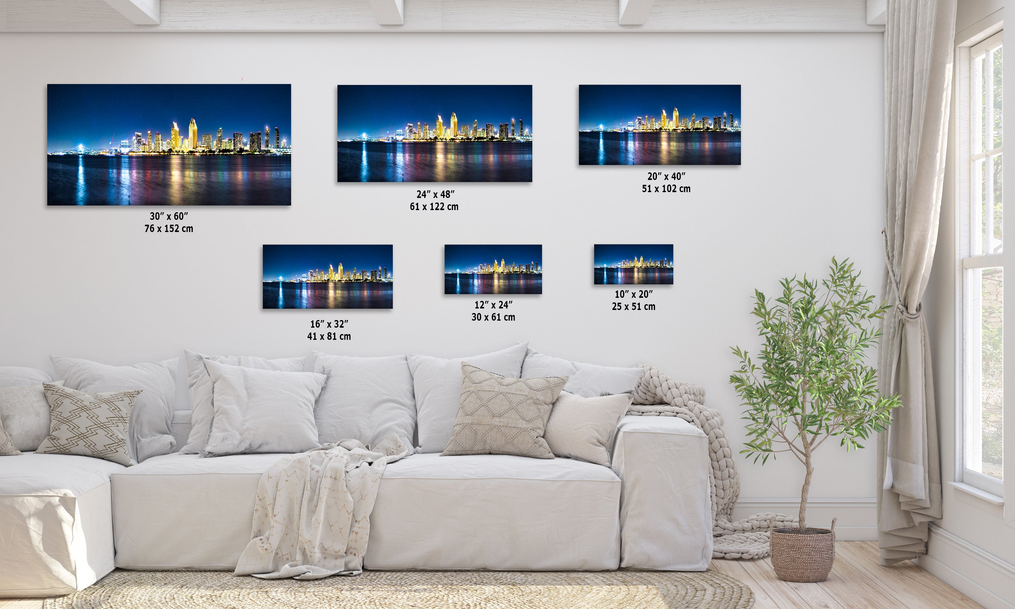 San Diego Skyline Panorama Photo, Urban Cityscape at Night Wall Art, Large Canvas Print for Living Room or Office