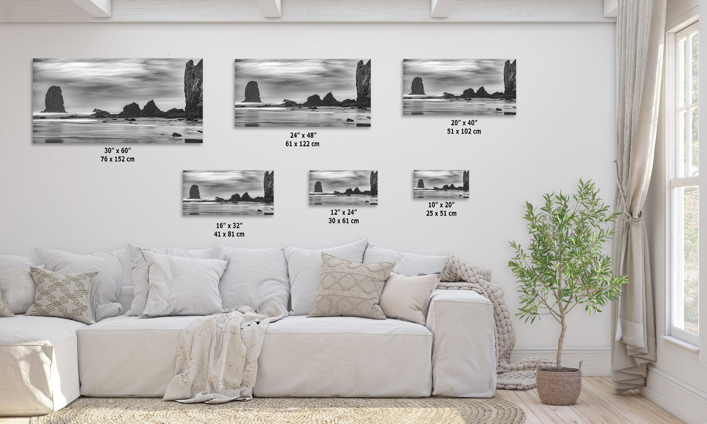 Cannon Beach Oregon Coast Ocean Picture Nature Photo, Black and White Haystack Rocks, Coastal Beach House Decor for Ocean Lovers