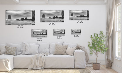 Cannon Beach Oregon Coast Ocean Picture Nature Photo, Black and White Haystack Rocks, Coastal Beach House Decor for Ocean Lovers