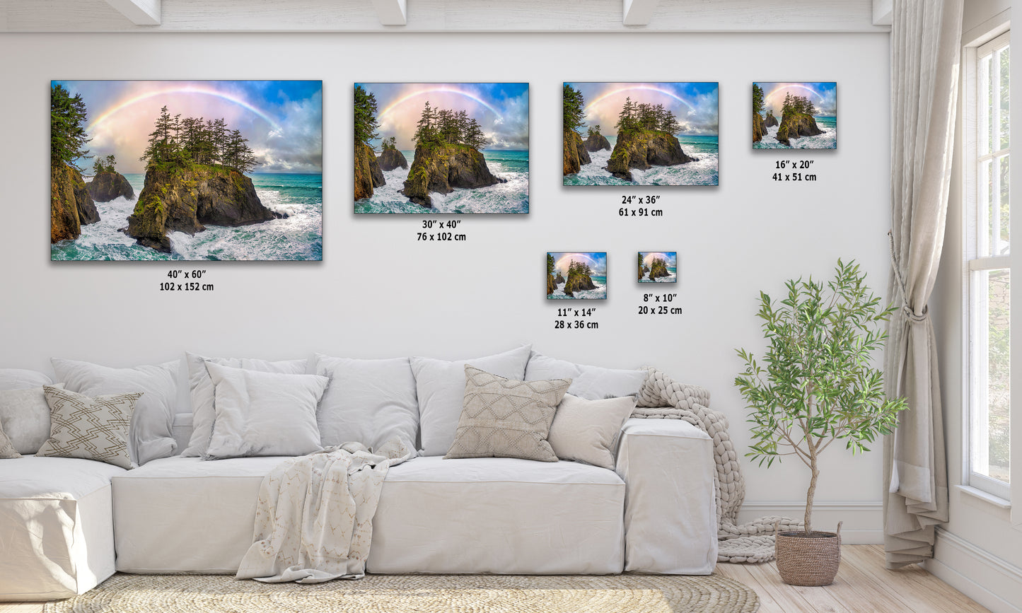 Oregon Coast Ocean Picture, Pacific Northwest Rainbow Nature Photo Relaxation Artwork for Meditation, Apartment, Office & House Decor