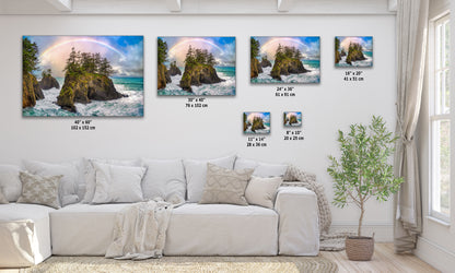 Oregon Coast Ocean Picture, Pacific Northwest Rainbow Nature Photo Relaxation Artwork for Meditation, Apartment, Office & House Decor