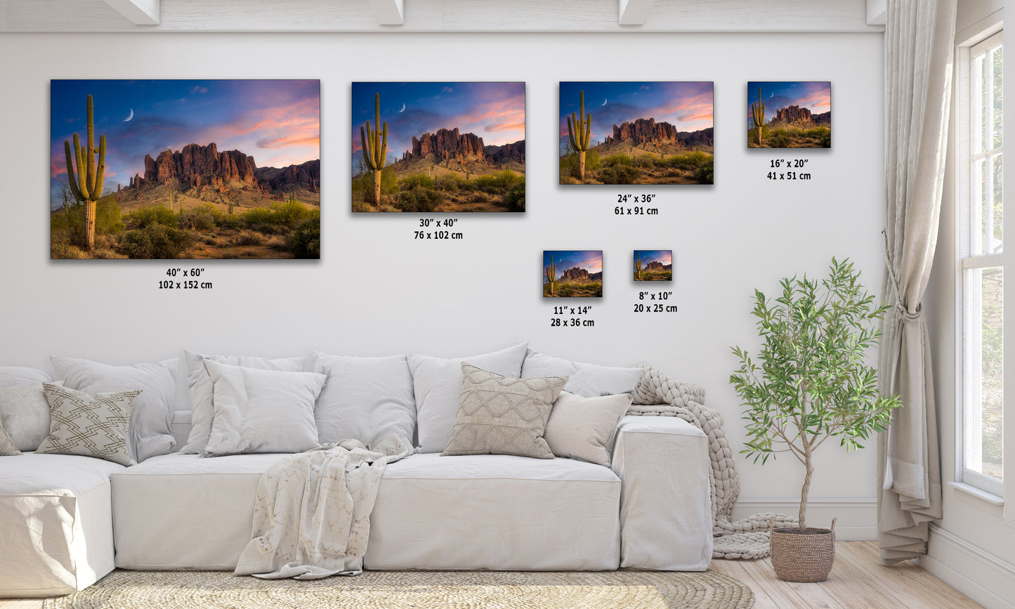 Arizona Desert Picture Sunset, Saguaro Cactus Artwork Nature Photo, Southwestern Wall Art of Superstition Mountains at Lost Dutchman State Park