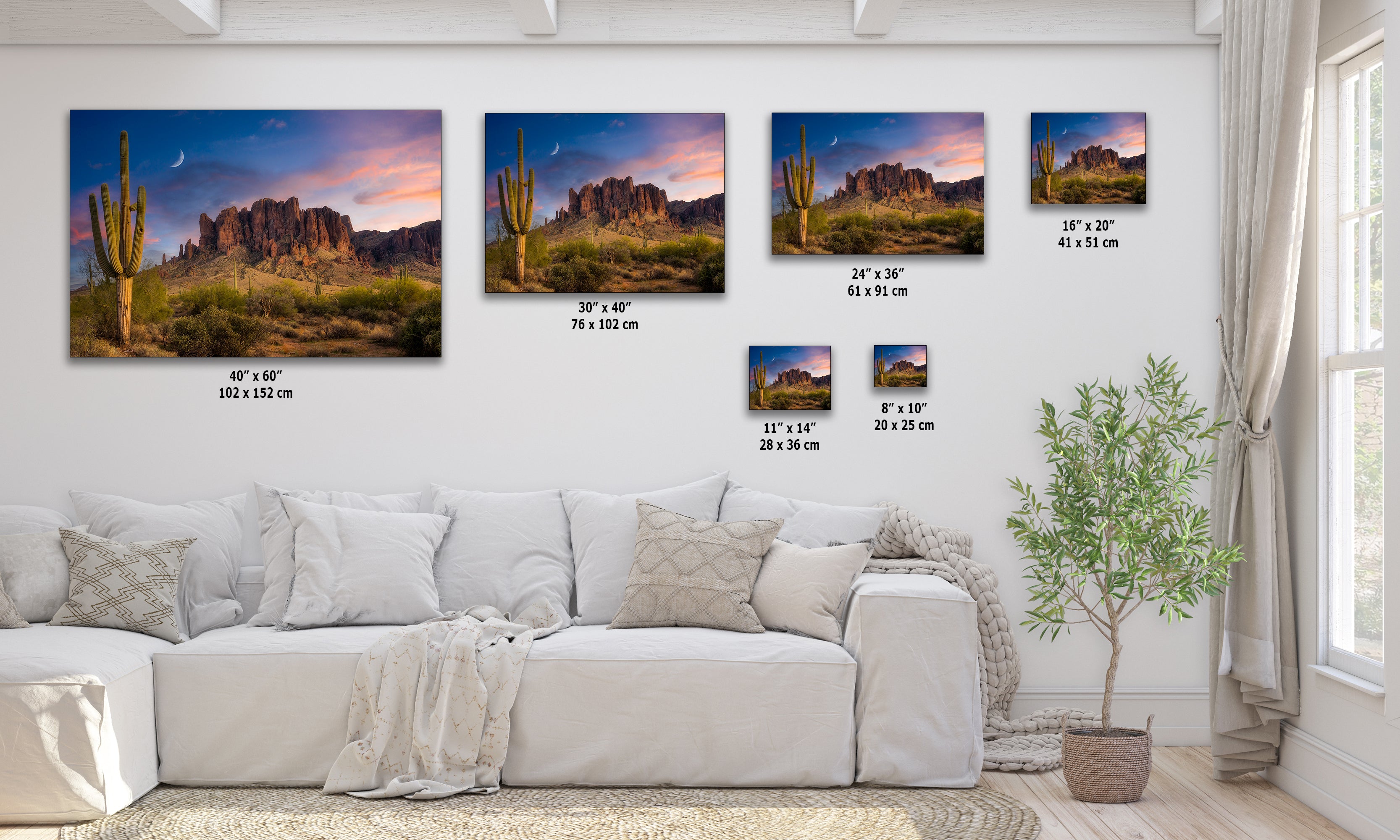 Arizona Desert Picture Sunset, Saguaro Cactus Artwork Nature Photo, Southwestern Wall Art of Superstition Mountains at Lost Dutchman State Park