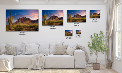 Arizona Desert Picture Sunset, Saguaro Cactus Artwork Nature Photo, Southwestern Wall Art of Superstition Mountains at Lost Dutchman State Park