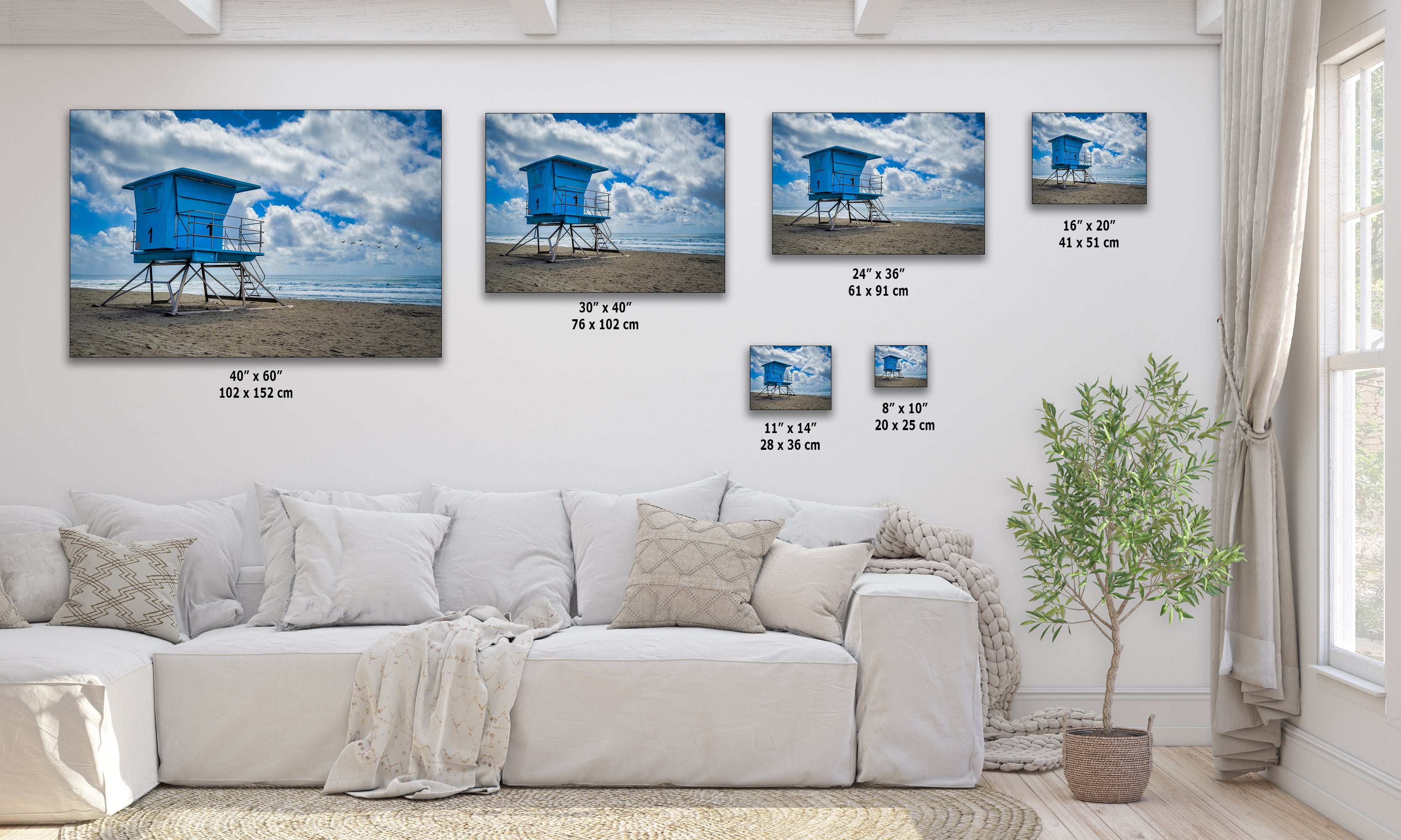 Southern California Coastline Lifeguard Tower Ocean Picture, Oceanside Relaxation Artwork for Meditation, Office, Dorm, and House Decor