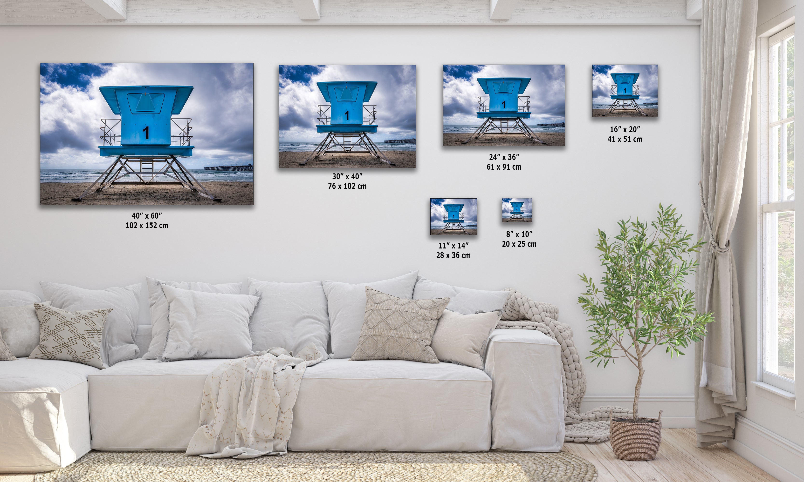 Southern California Coastline Lifeguard Tower Ocean Picture, Oceanside Pier Relaxation Artwork for Meditation, Office, Dorm, and House Decor