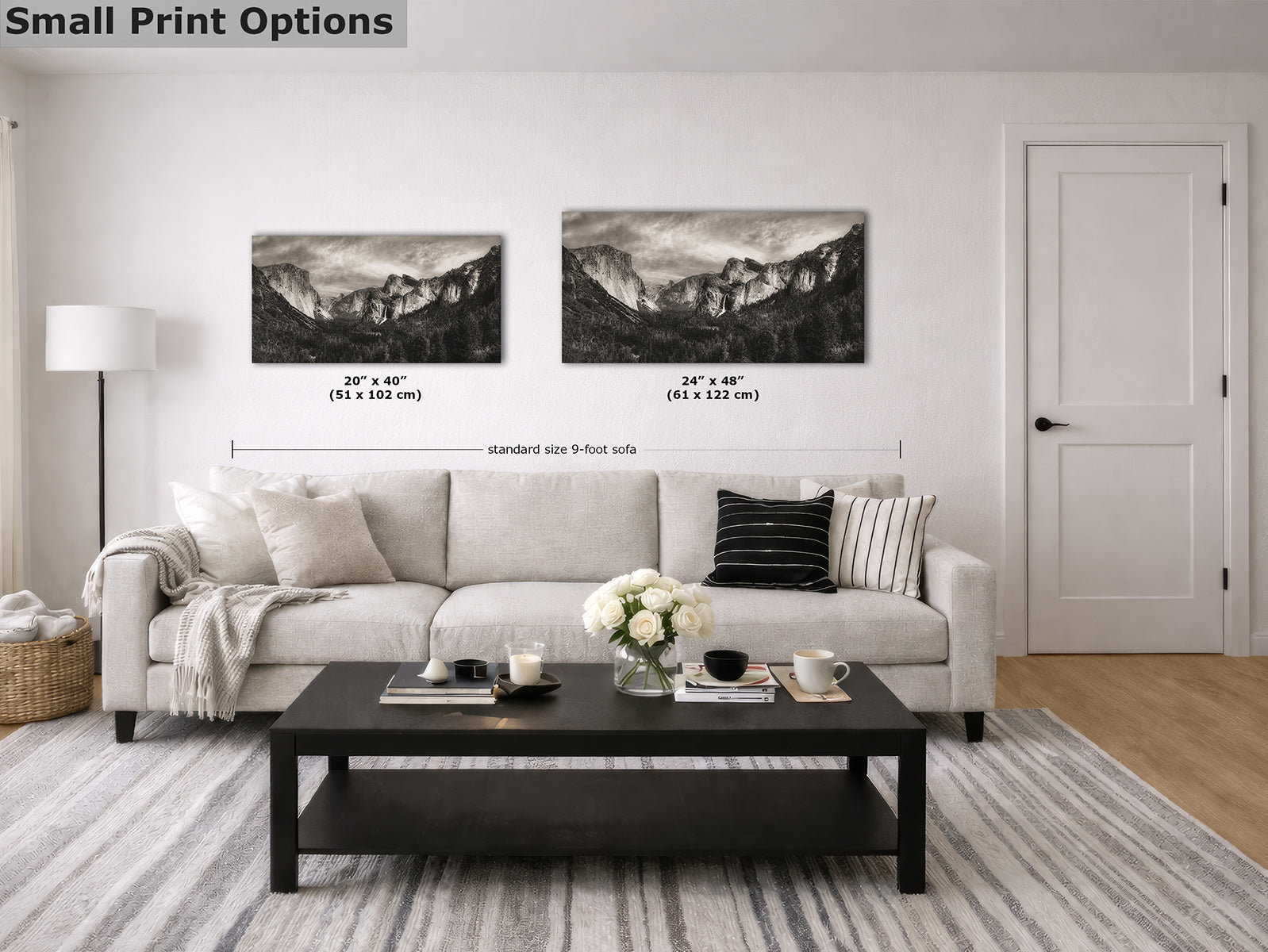 A styled living room showing two black-and-white mountain landscape wall art prints of Yosemite's Tunnel View above a light sofa, with size labels and text reading 'Small Print Options' in the top left.