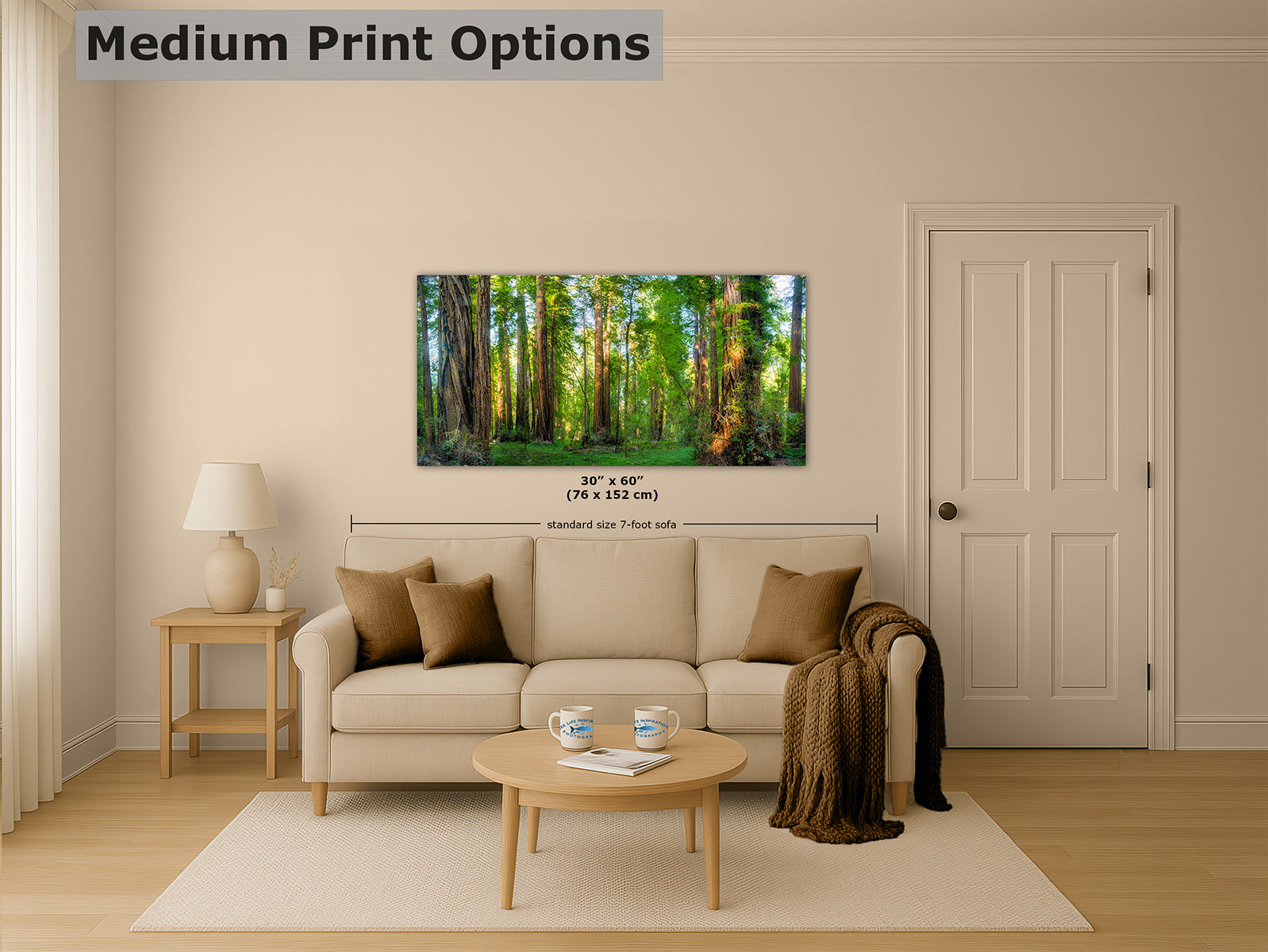 A Redwood forest landscape print displayed on a beige wall above a cream sofa in a styled living room. The image includes a text overlay at the top reading 'Medium Print Options' and size information centered below the artwork.