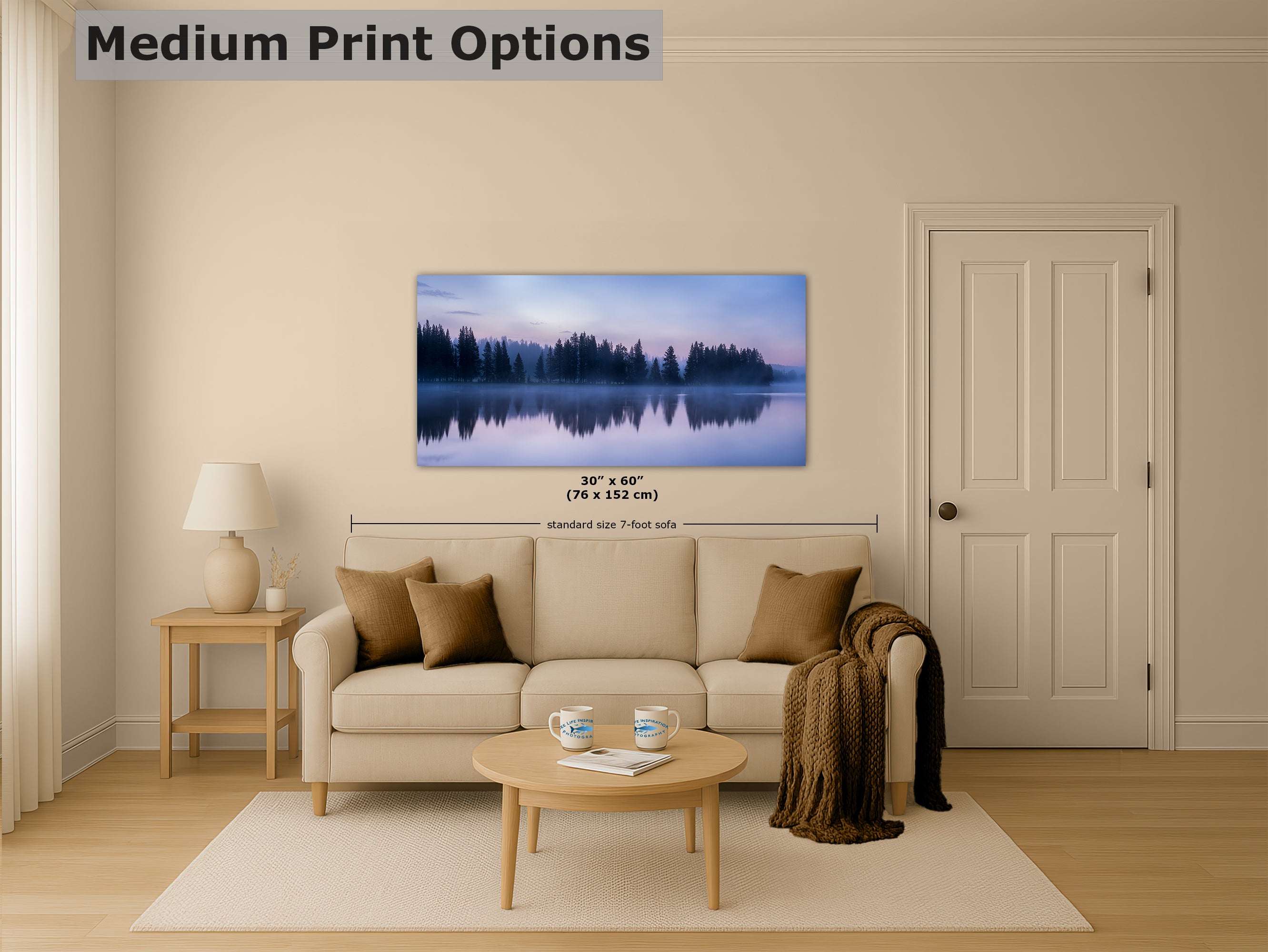 Yellowstone Lake Foggy Forest Picture, Reflection Nature Photo, Wyoming Landscape Relaxation Artwork for Meditation, Office, & House Decor