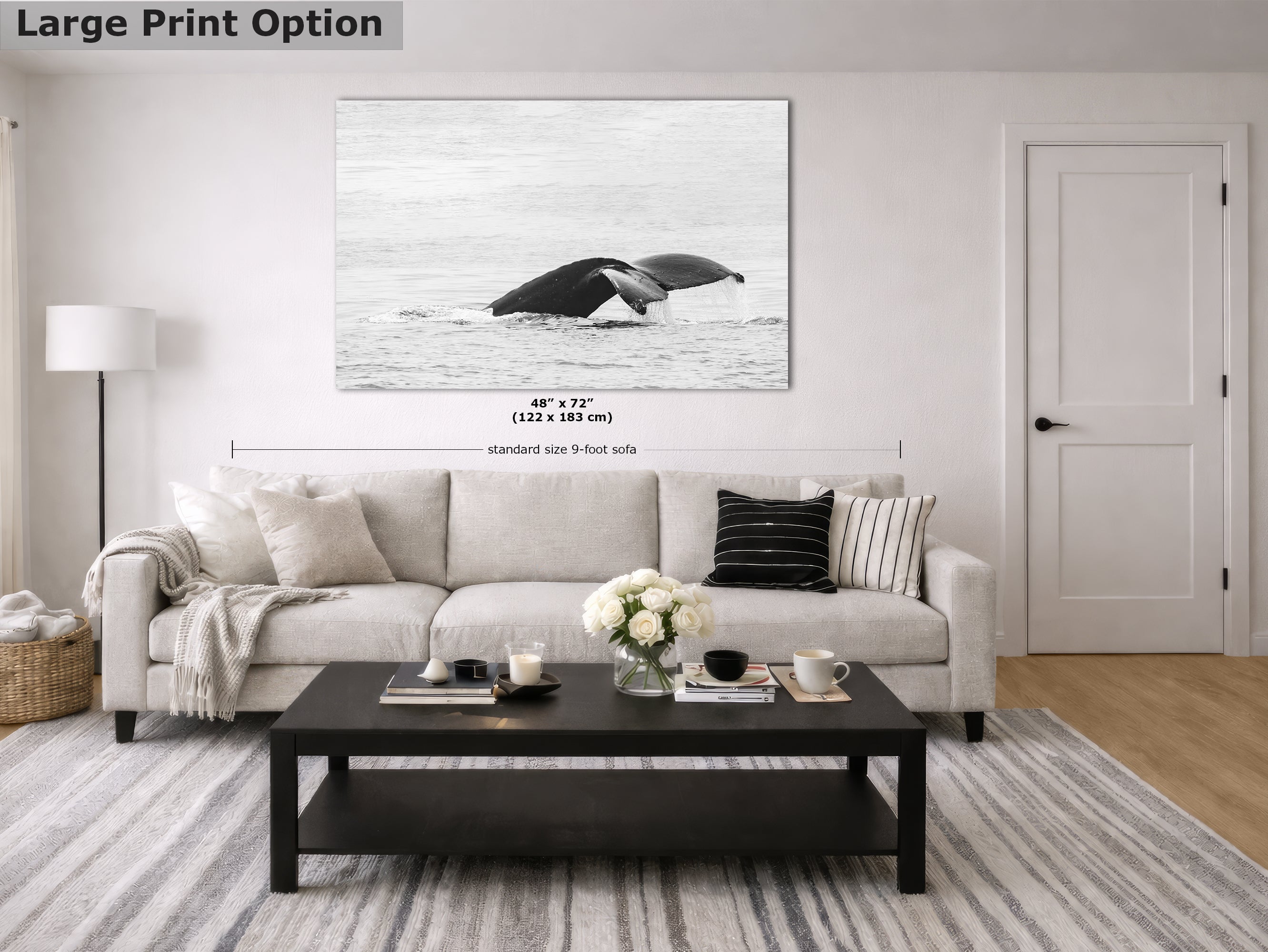 Humpback Whale Marine Mammal Wildlife Photography, Black and White, Monterey Bay Ocean Scene Art Print for Nature Lovers and Marine Conservation Decor