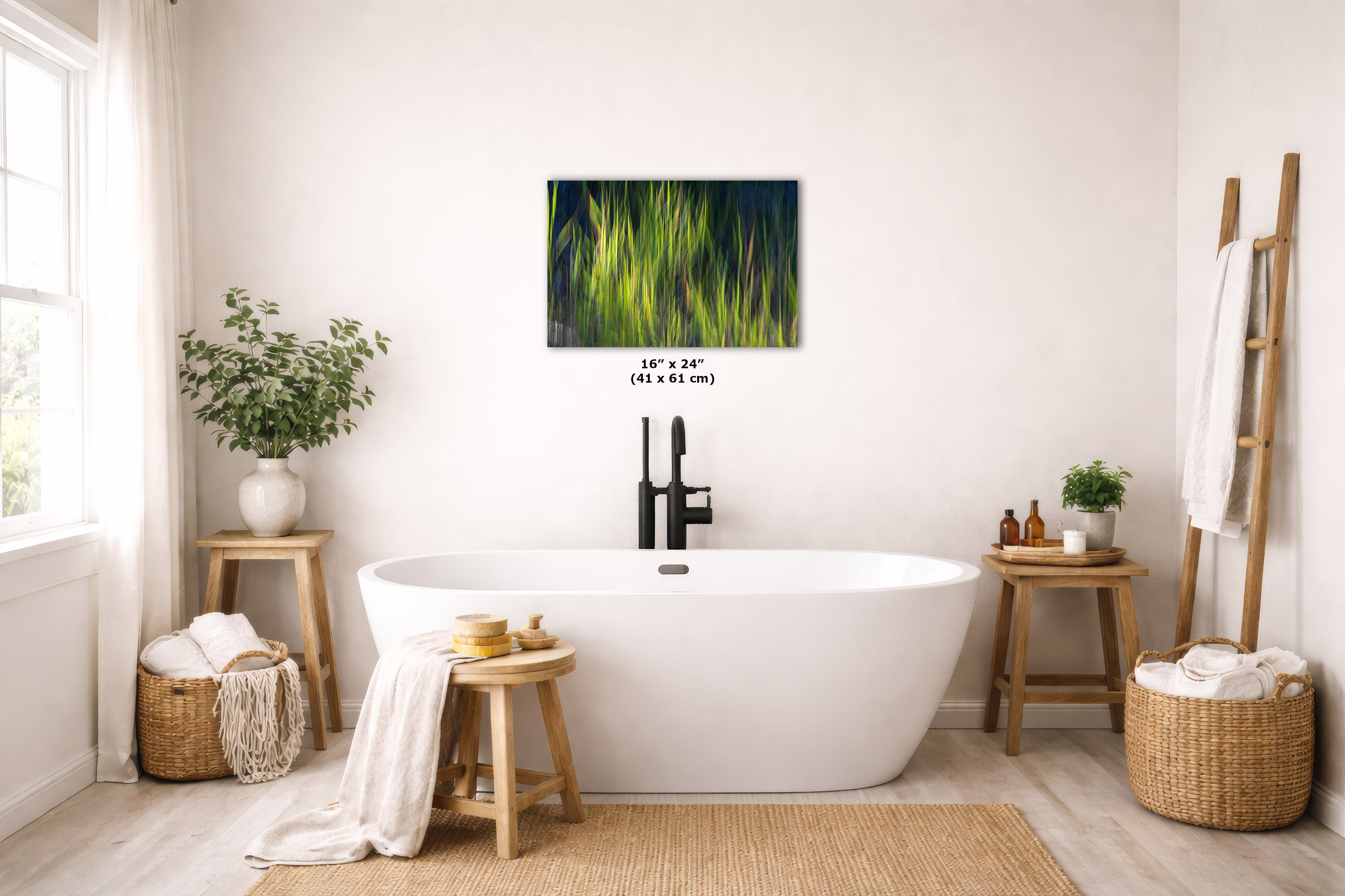 A framed vertical landscape art print depicting giant redwood trees in a forest, displayed on a light beige wall above a white freestanding bathtub in a styled, bright bathroom setting.