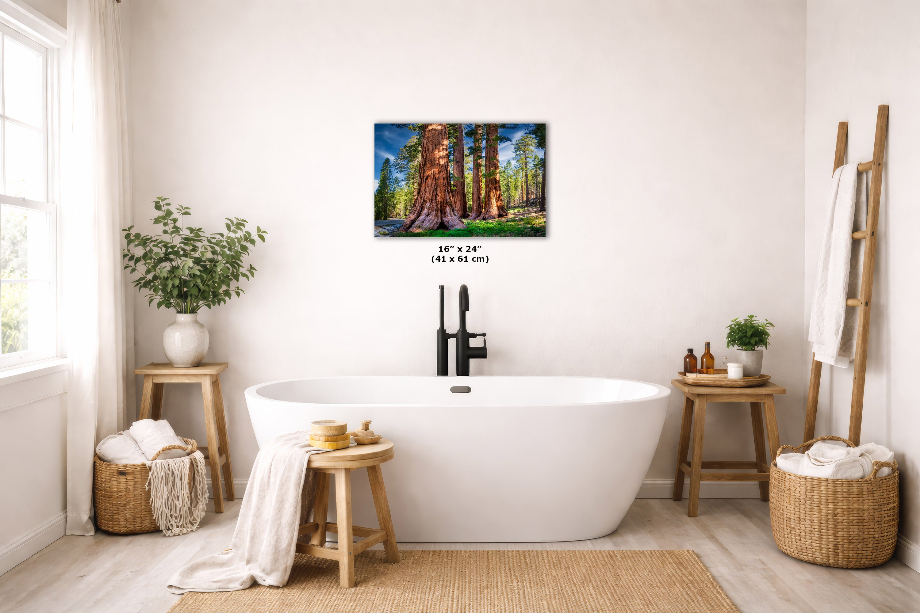 A Giant Sequoia tree artwork depicting giant redwood trees in a forest, displayed on a light beige wall above a white freestanding bathtub in a styled, bright bathroom setting.
