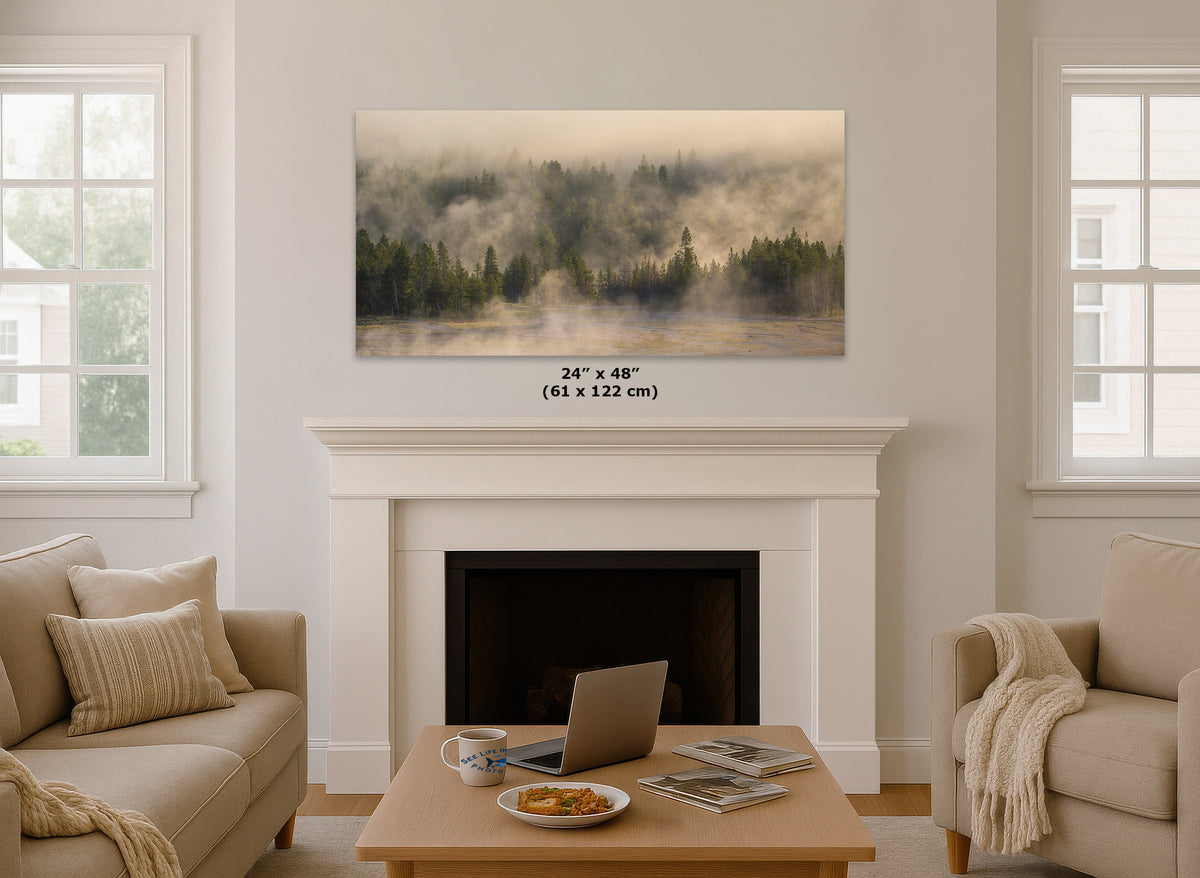 A 24 x 48 inch landscape canvas print of a misty forest is displayed on a white fireplace mantel in a bright, modern living room. The image includes a size overlay indicating the dimensions of the print.