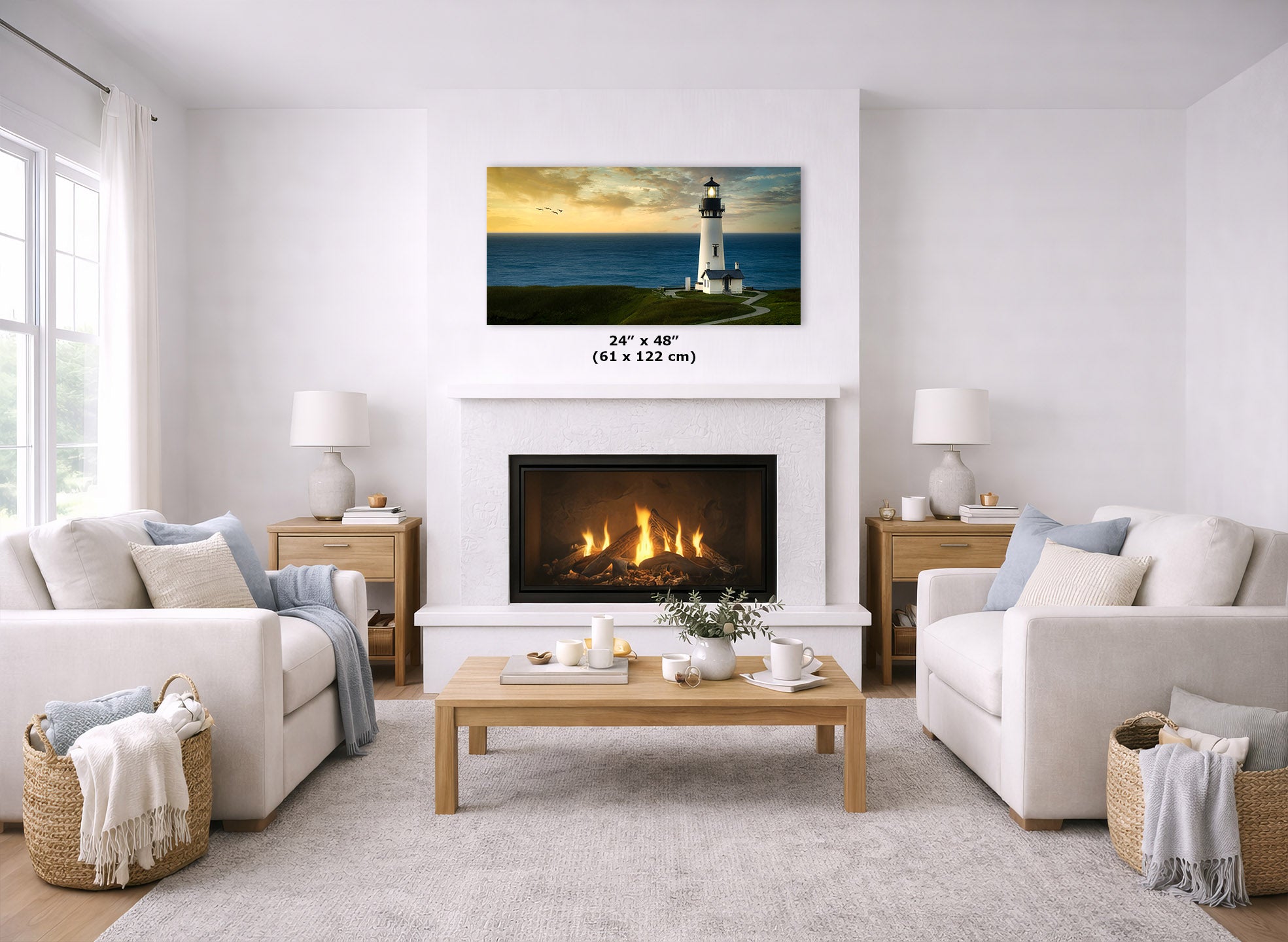 A framed lighthouse landscape print displayed above a fireplace in a bright, modern living room. The print shows a white lighthouse on a grassy cliff by the ocean at sunset.