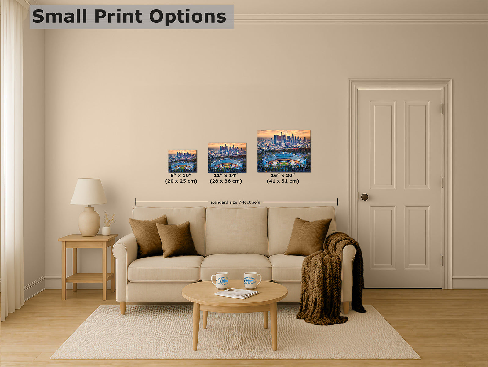 small print options, 8x10 / 11x14 / 16x20 of Dodger Stadium and Los Angeles skyline baseball wall art displayed above a sofa