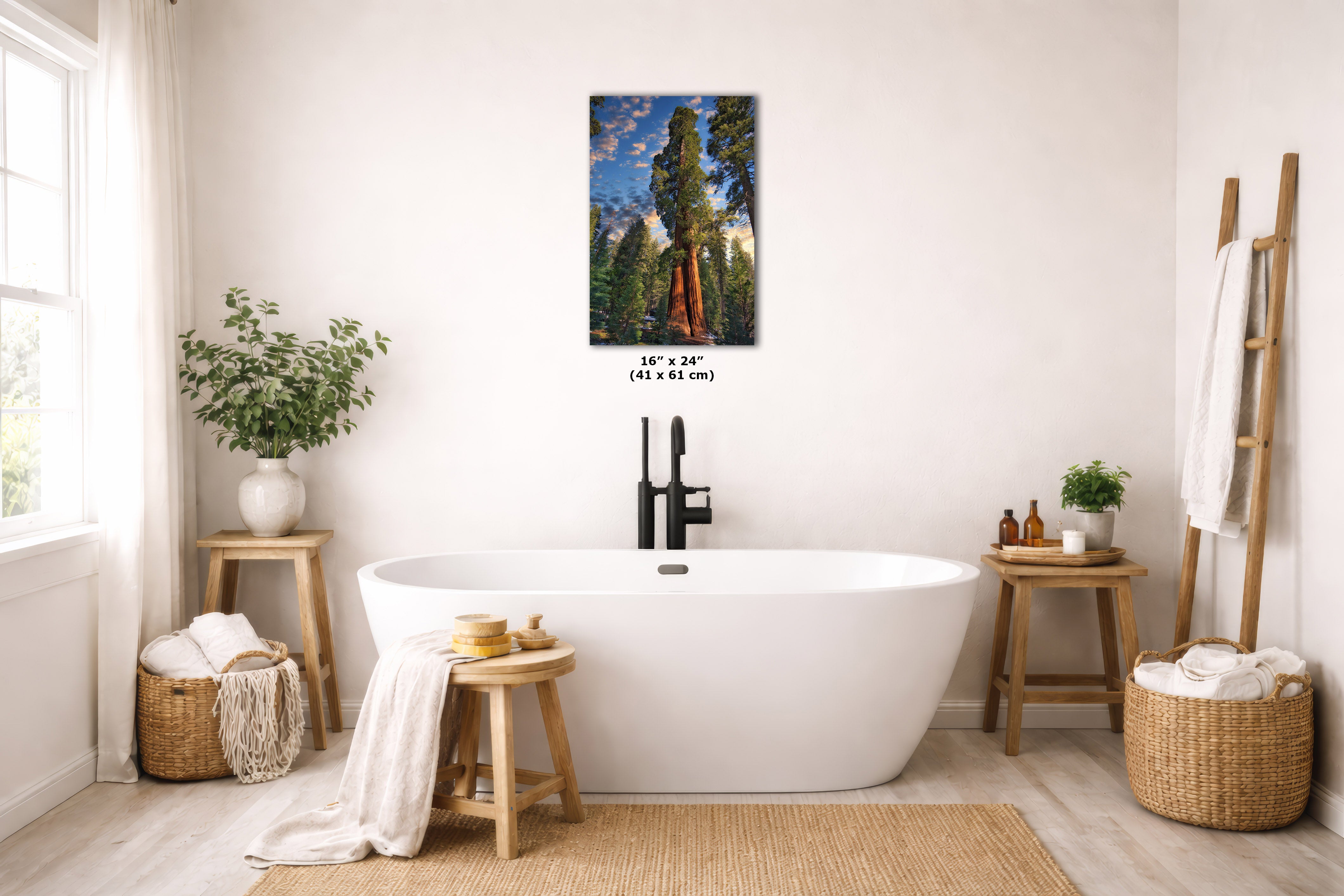 A framed vertical landscape art print depicting giant redwood trees in a forest under a blue sky, displayed on a light beige wall above a white freestanding bathtub in a bright, modern bathroom setting.
