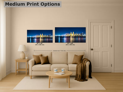 San Diego Skyline Panorama Photo, Urban Cityscape at Night Wall Art, Large Canvas Print for Living Room or Office