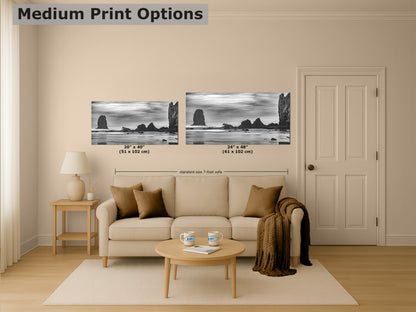 Cannon Beach Oregon Coast Ocean Picture Nature Photo, Black and White Haystack Rocks, Coastal Beach House Decor for Ocean Lovers