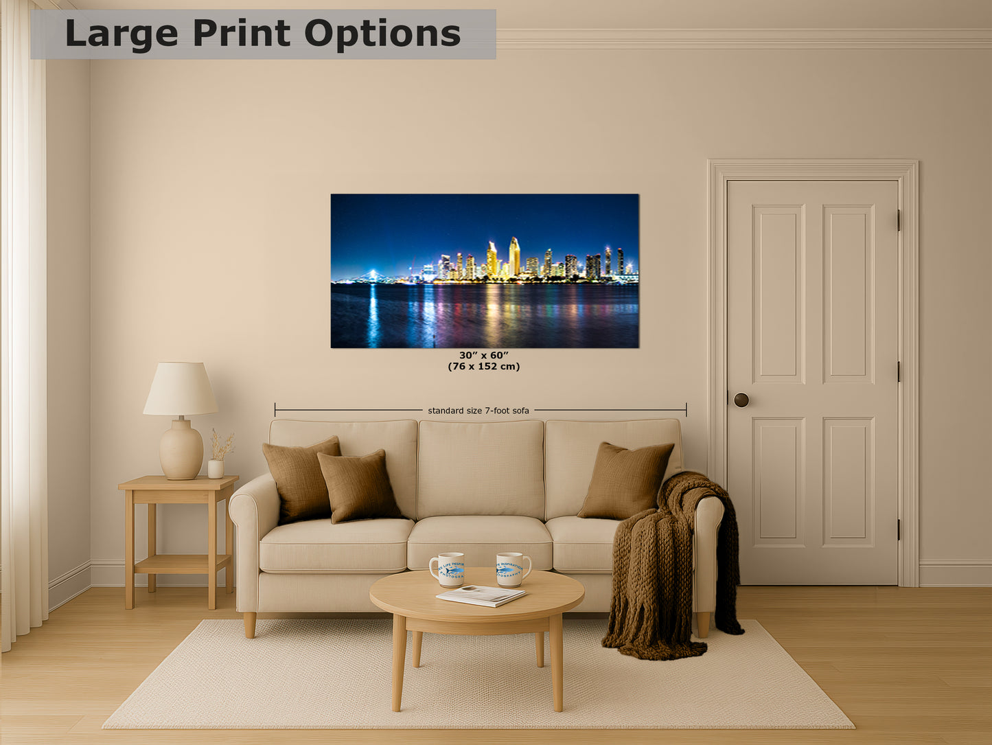San Diego Skyline Panorama Photo, Urban Cityscape at Night Wall Art, Large Canvas Print for Living Room or Office