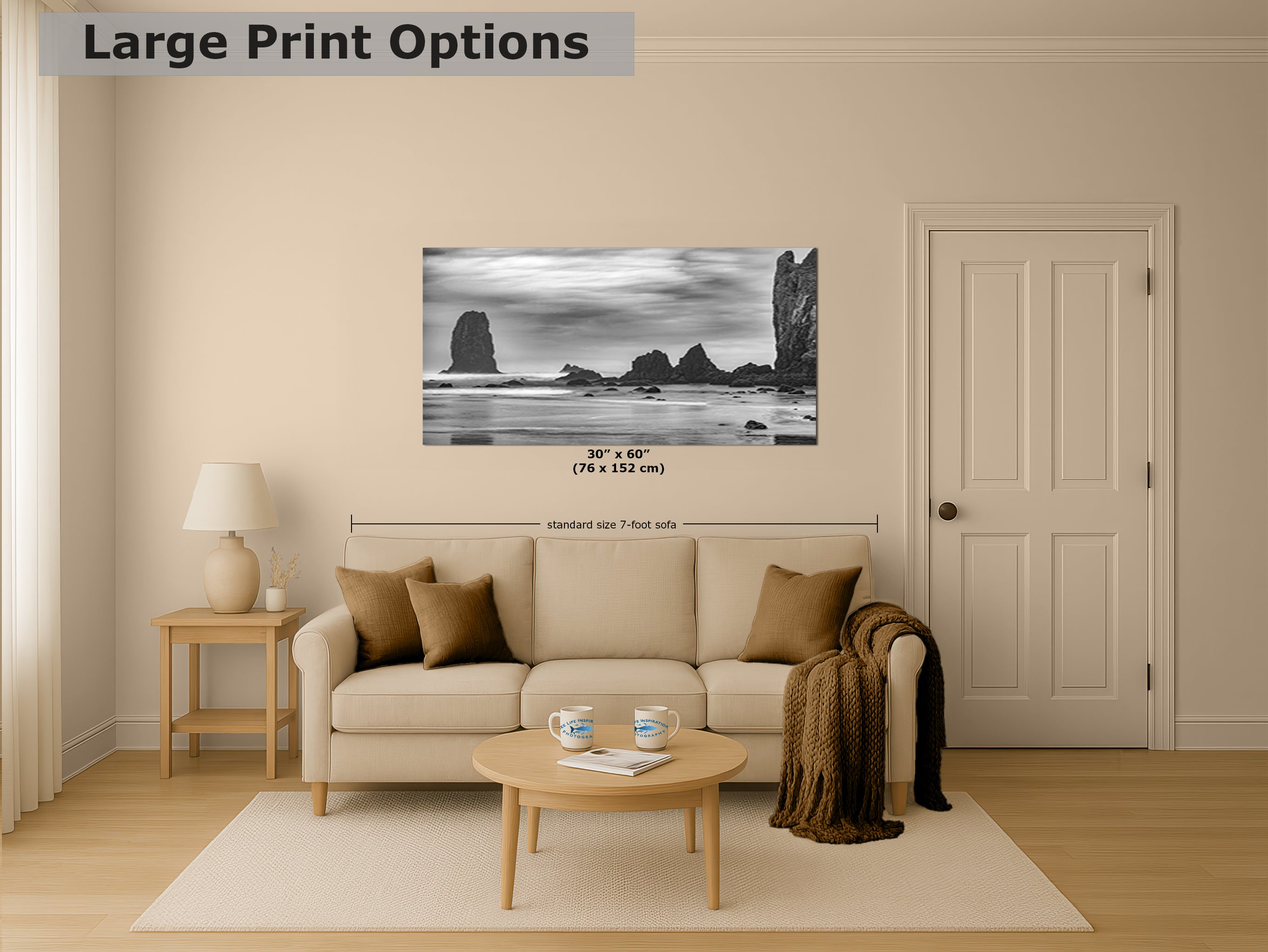 Cannon Beach Oregon Coast Ocean Picture Nature Photo, Black and White Haystack Rocks, Coastal Beach House Decor for Ocean Lovers