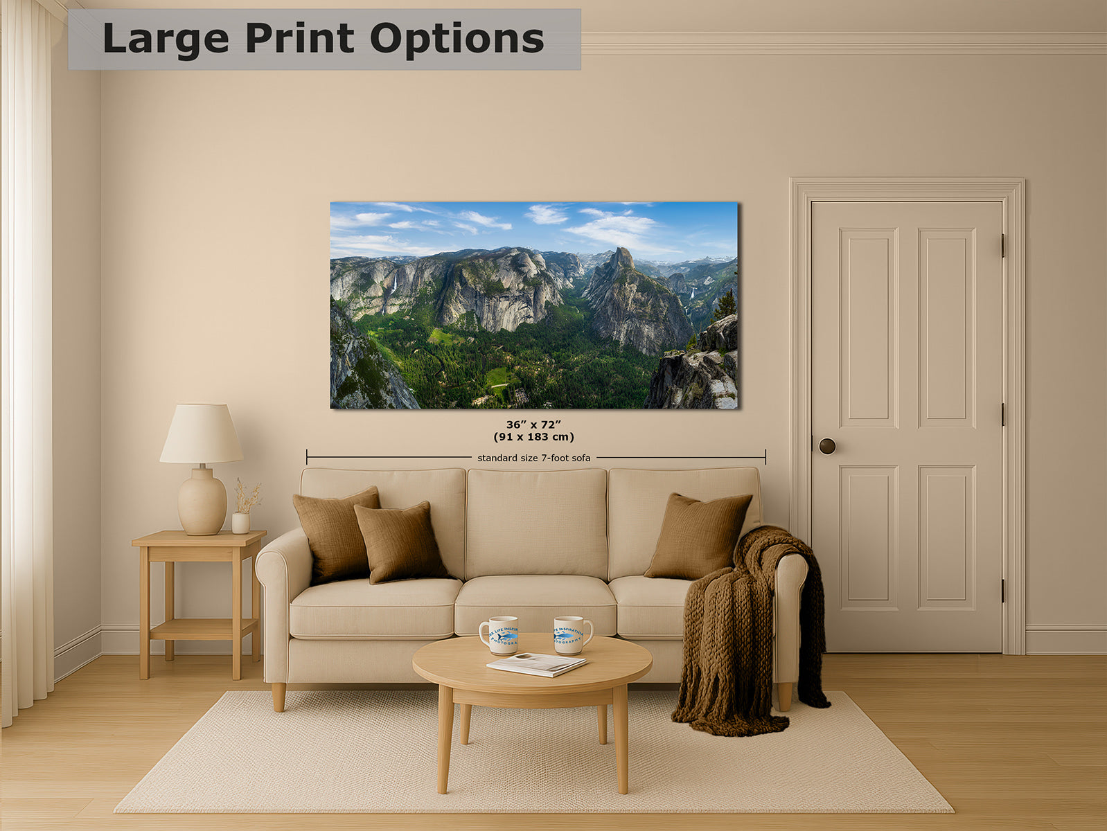 A wall art print from Glacier Point showing Half Dome and Yosemite Valley, displayed above a beige sofa in a styled living room. The image includes text reading 'Large Print Options' and size information for the print, indicating this is a size/options presentation rather than a plain product cutout.