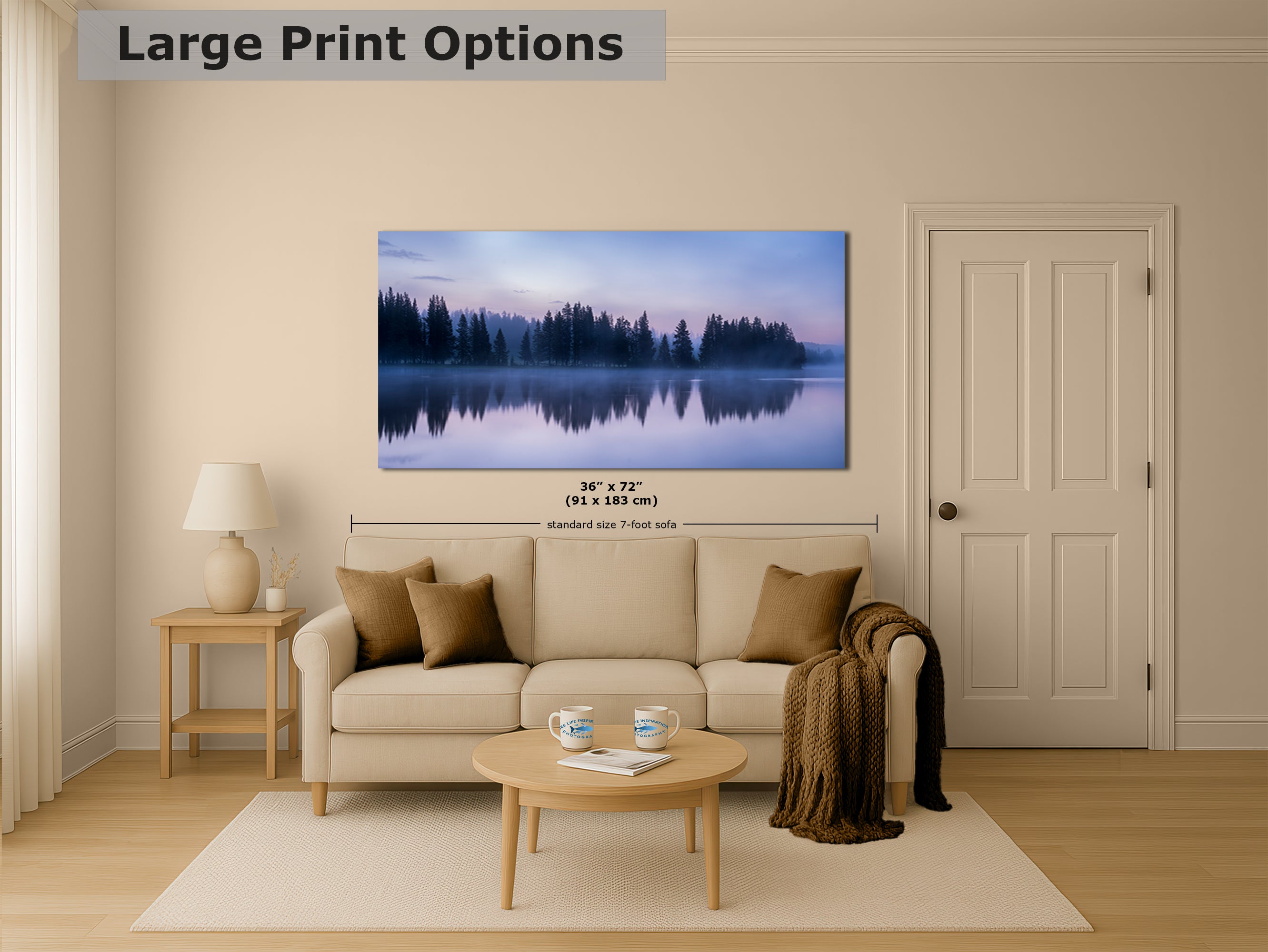 Yellowstone Lake Foggy Forest Picture, Reflection Nature Photo, Wyoming Landscape Relaxation Artwork for Meditation, Office, & House Decor