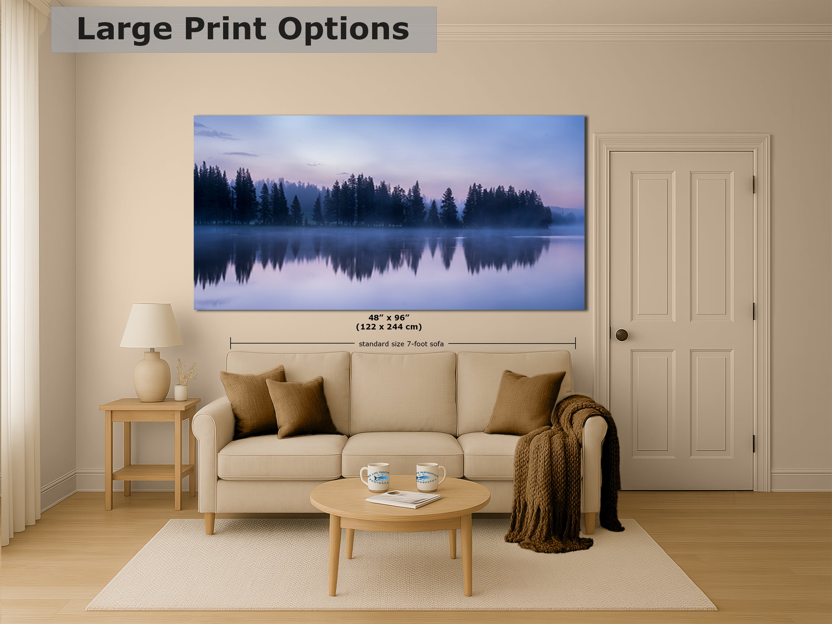 Yellowstone Lake Foggy Forest Picture, Reflection Nature Photo, Wyoming Landscape Relaxation Artwork for Meditation, Office, & House Decor