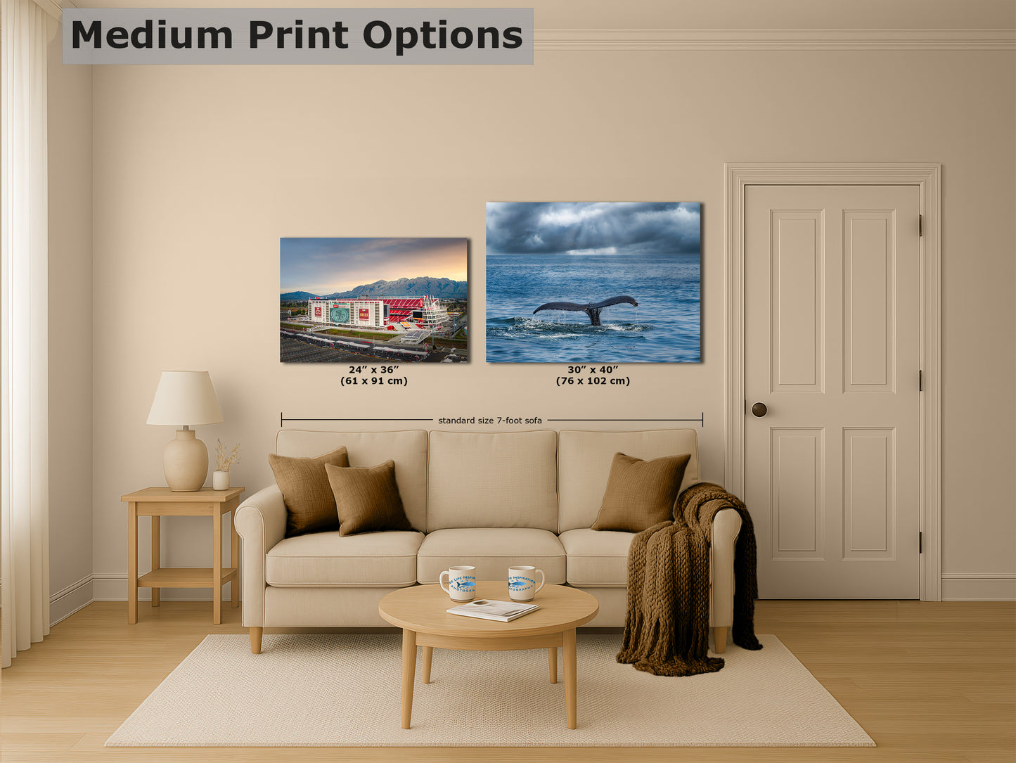 a living room with a beige sofa, a coffee table, and a lamp. Above the sofa, there are two framed prints hanging on the wall, depicting a building and a whale. The prints are of medium size, and the text indicates that they are medium print options.