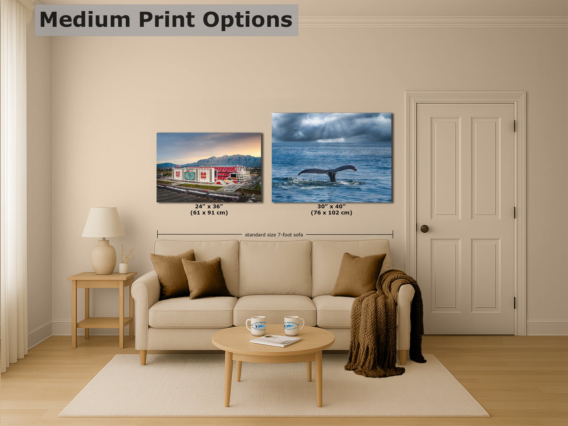 a living room with a beige sofa, a coffee table, and a lamp. Above the sofa, there are two framed prints hanging on the wall, depicting a building and a whale. The prints are of medium size, and the text indicates that they are medium print options.