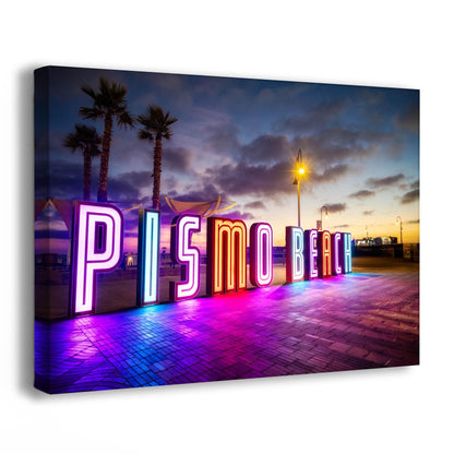 Pismo Beach Pier Neon Sign at Sunset, Iconic California Wall Art Home Décor on Premium Paper, Aluminum Metal, or Canvas