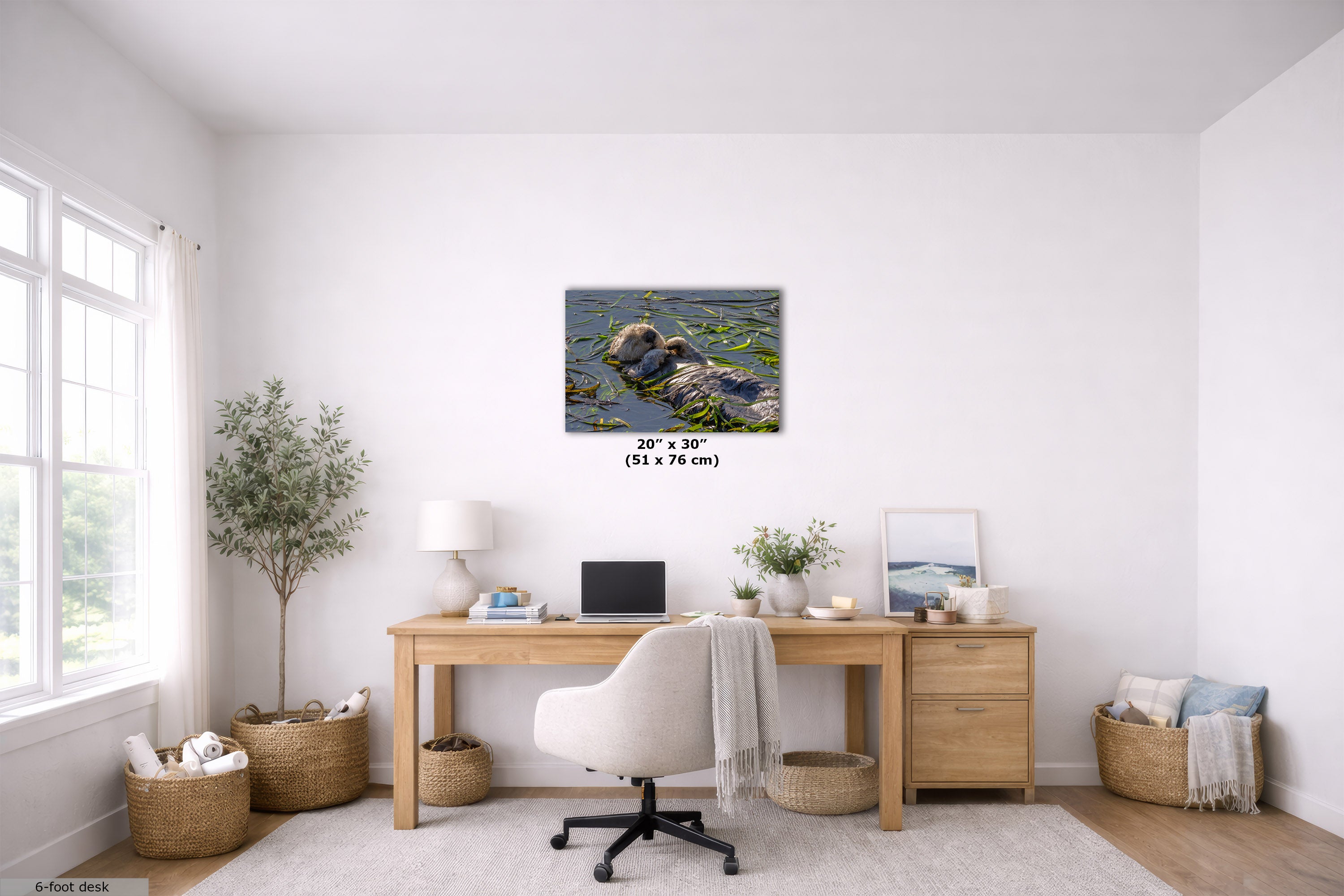A wall art print showing a close-up of a marine mammal in green water, displayed in a bright, modern home office setting above a wooden desk. The print includes a size overlay indicating 20" x 30" (51 x 76 cm).